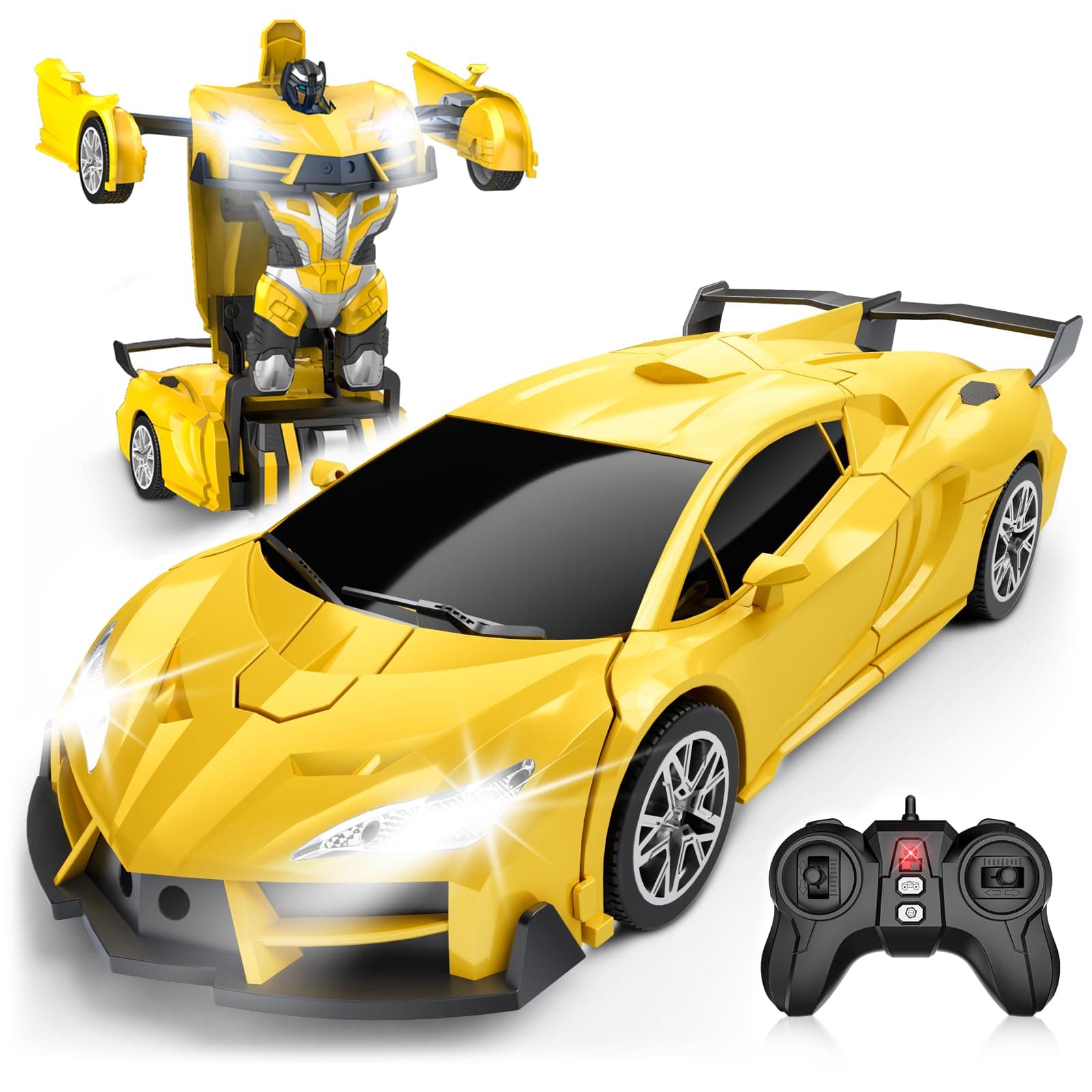 Remote Control Car，Transform Robot RC Cars with Cool LED Headlights, 2.4Ghz Toys Car with 360 Degree Rotation and One-Button Deformation, Christmas Birthday Gifts for Boys Girls(Yellow)