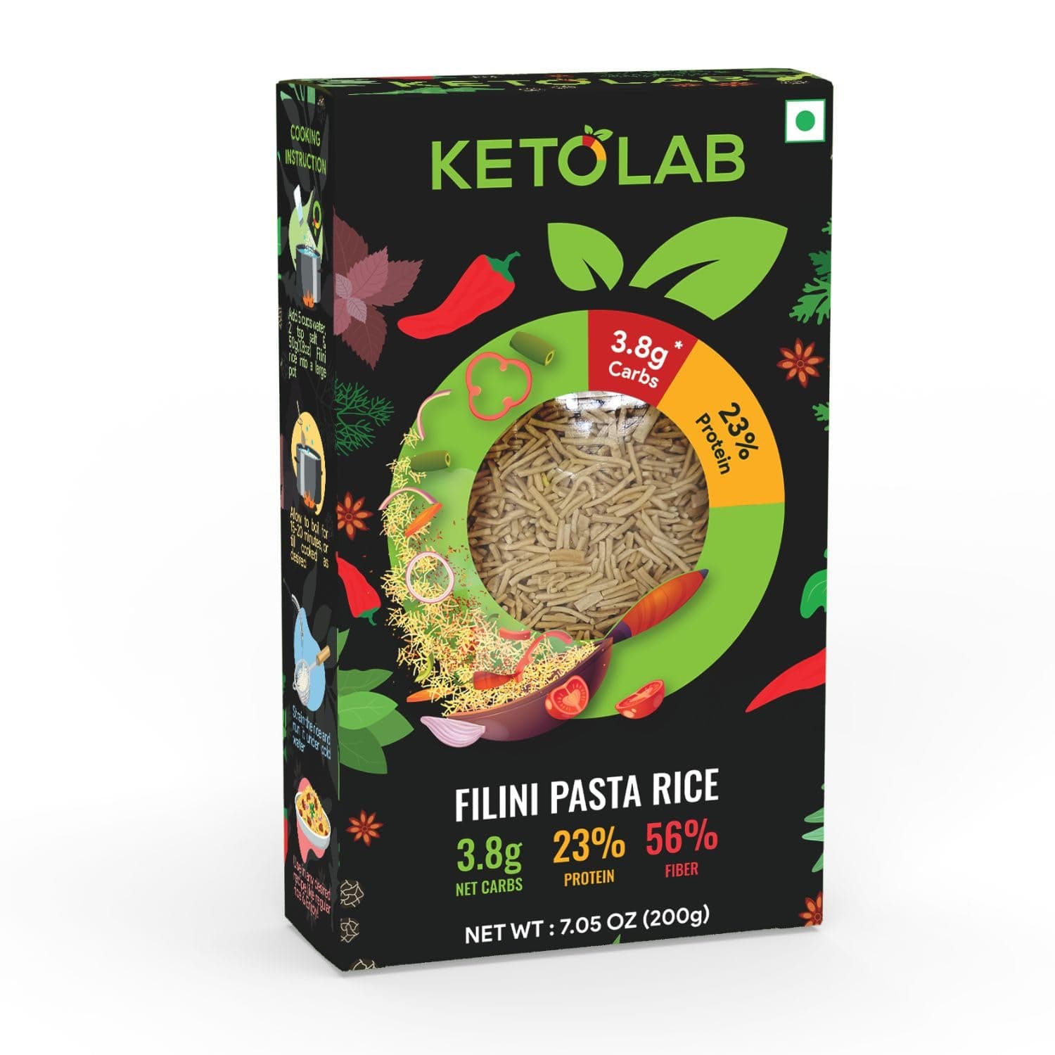 Keto Orzo Filini Rice, 200 Gms, 1 Pack, 3.8g Net Carb & 16g High Protein/Serving, Identical to Regular Rice, Ultra Low Carb, Pre-Biotic High Fibre, Low GI, For Keto Diet & Weight Loss