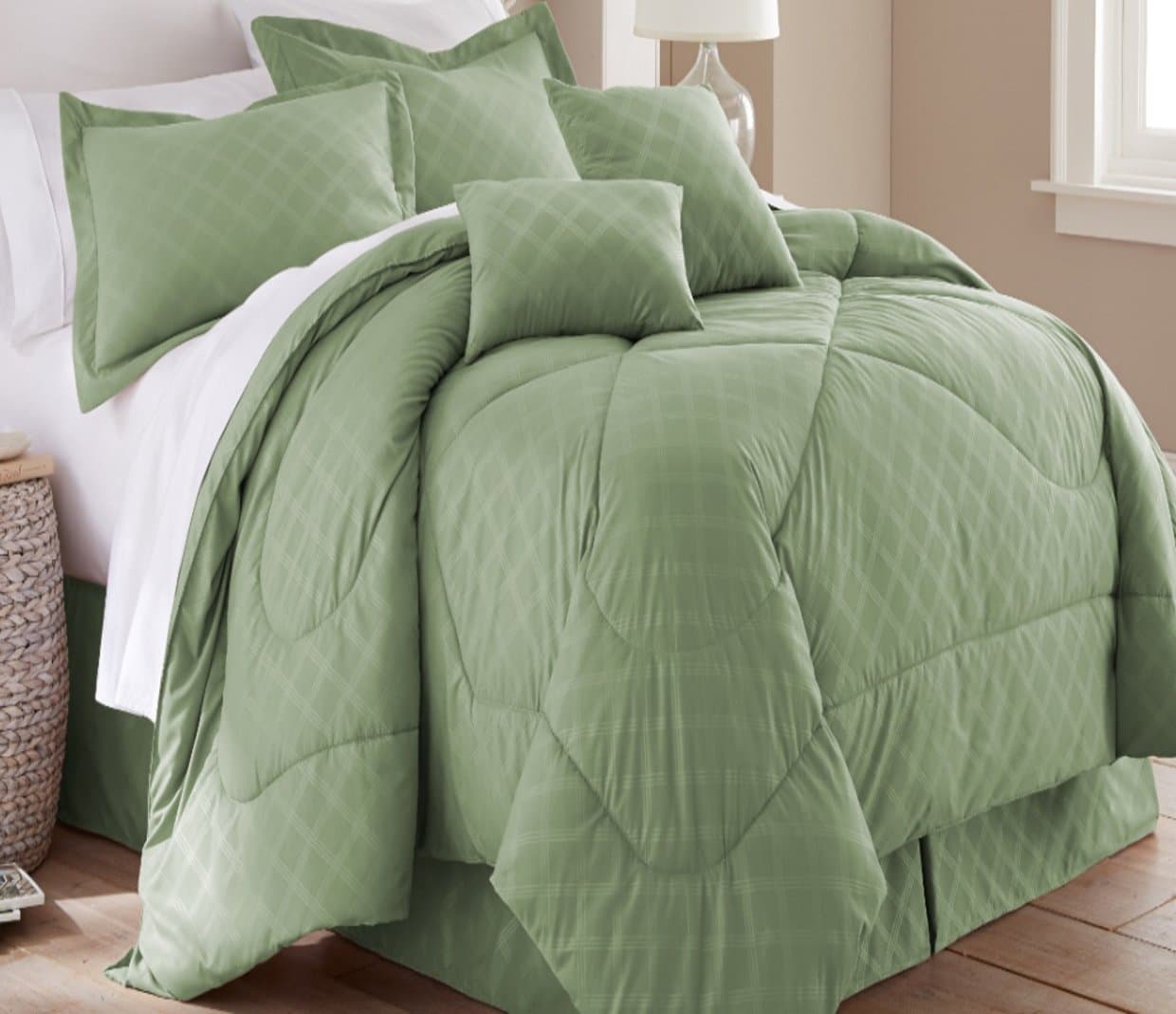 Spirit Linen Hotel 5th Ave 6 Piece Embossed Plaid Comforter Set, King, Sage