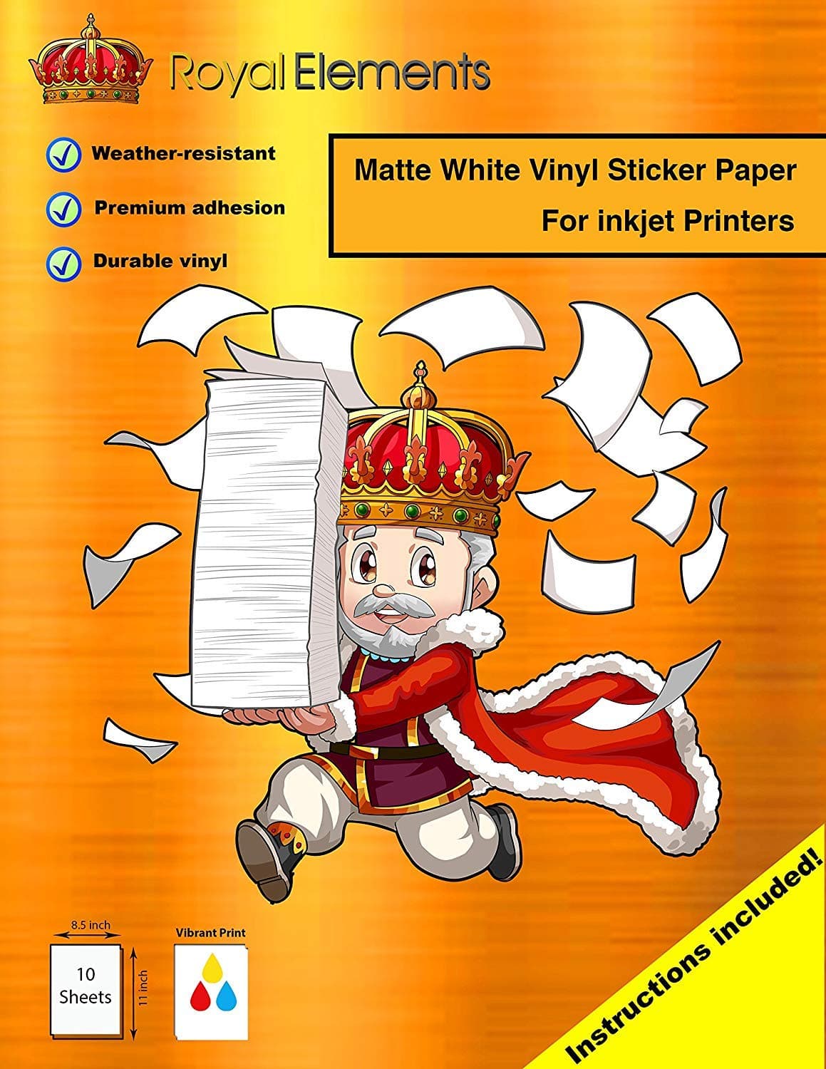 Royal Elements Matte Printable Vinyl Sticker Paper For Inkjet and Laser Printers - 10 Waterproof Sheets 8.5" x 11" - Dishwasher Safe