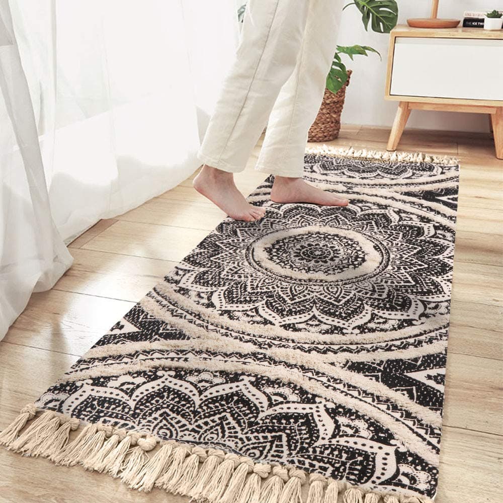 Seavish Tufted Cotton Runner Rug, 2.3X5.2 Black Mandala Boho Rugs for Bedroom, Hand Woven Bohemian Runner Throw Rugs, Shag Accent Fringe Tassel Rug for Bedside Kitchen Laundry Room RugOEKO-TEX STANDARD 100