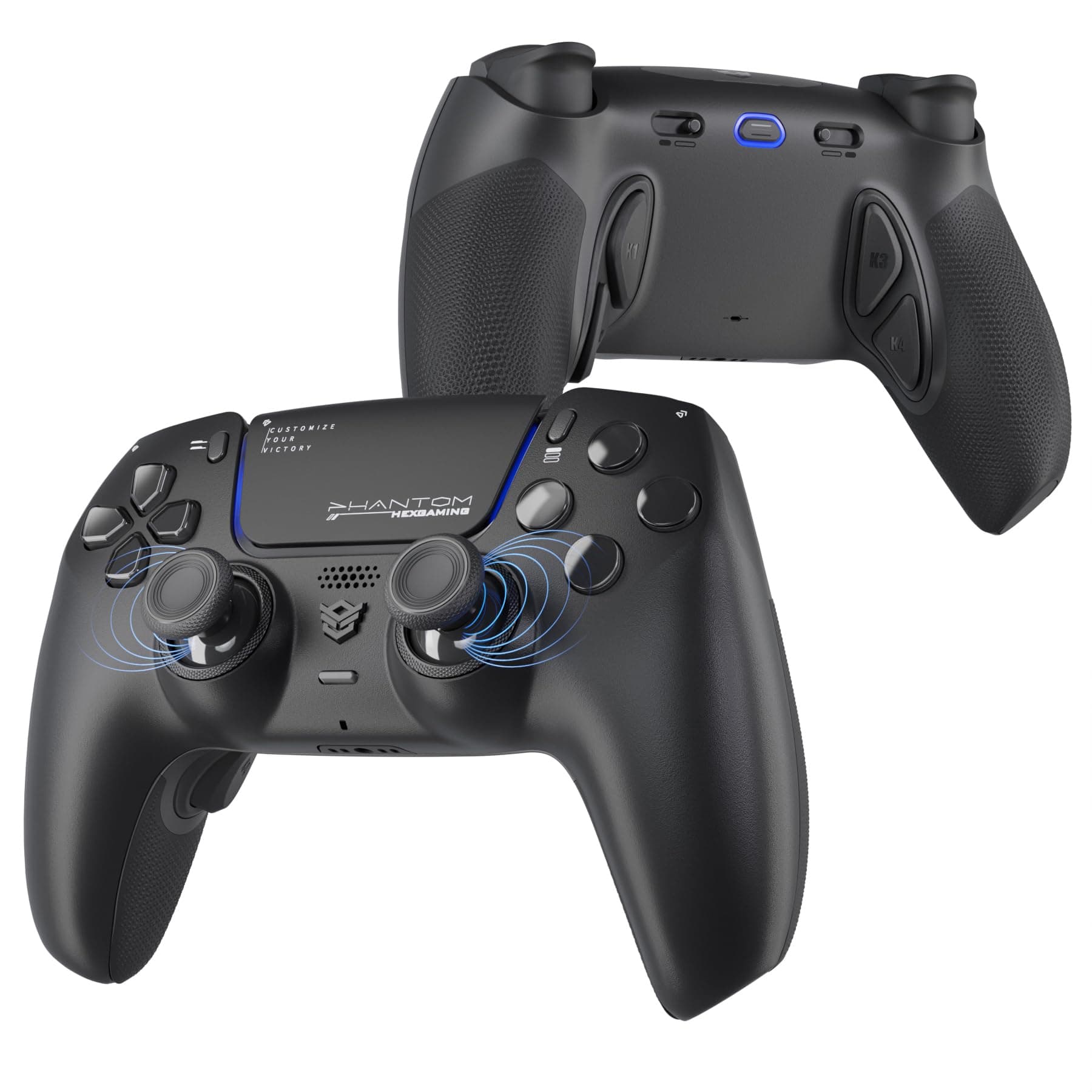 HEXGAMING PHANTOM Pro Controller with 4 Remappable Buttons, 6 Remapping Profiles, 8 Interchangeable Analog Stick, and Adjustable Triggers Compatible with ps5, PC, Mobile - Hall Effect Chaos Black