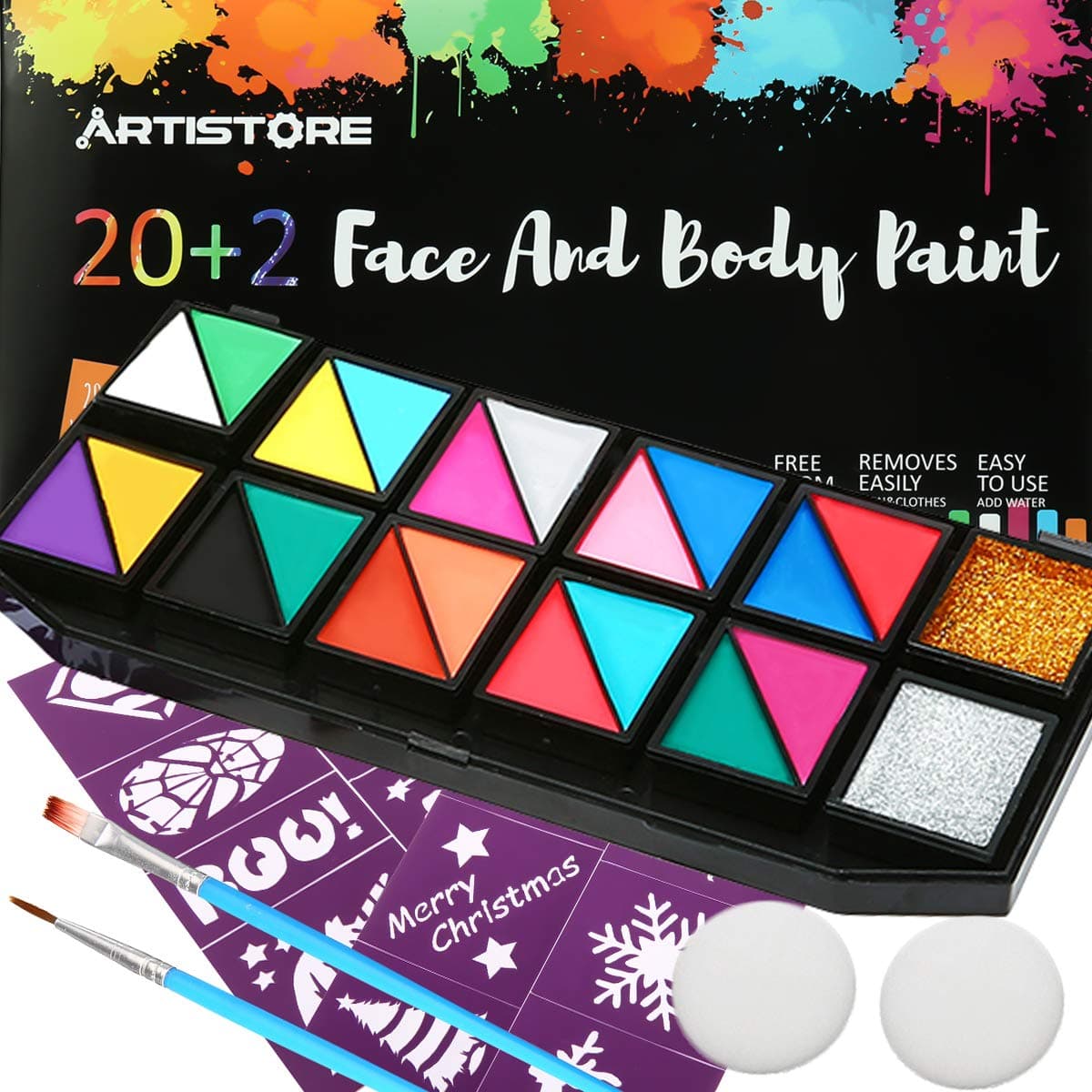 Face Paint Set, ARTISTORE 22 Colors Kit with 20 Colors, 1 Gold Glitter Powder, 1 Silver Glitter Powder, 16 Stencils, 2…