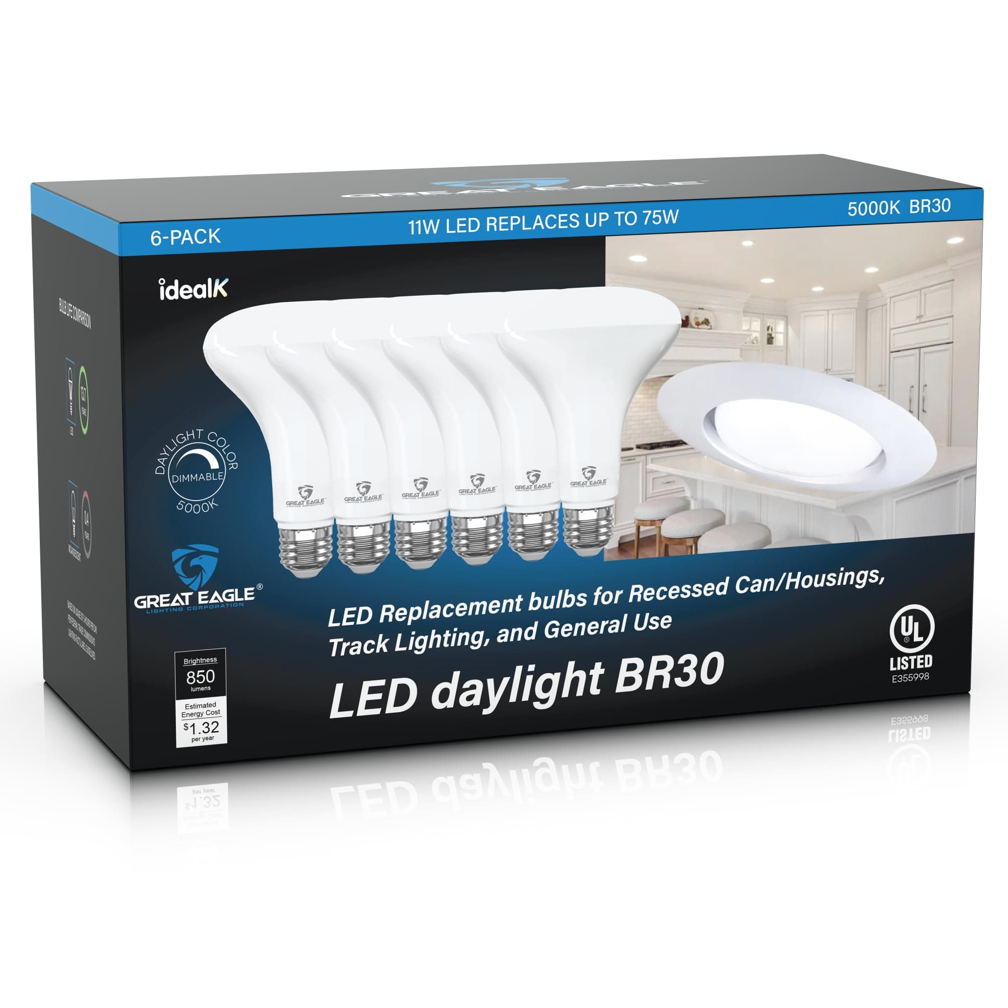 Great Eagle Lighting Corporation BR30 LED Bulb, 11W (75W Equivalent), 850 Lumens, 5000K Daylight Color, for Recessed Can Use, Dimmable, and UL Listed (6 Pack)