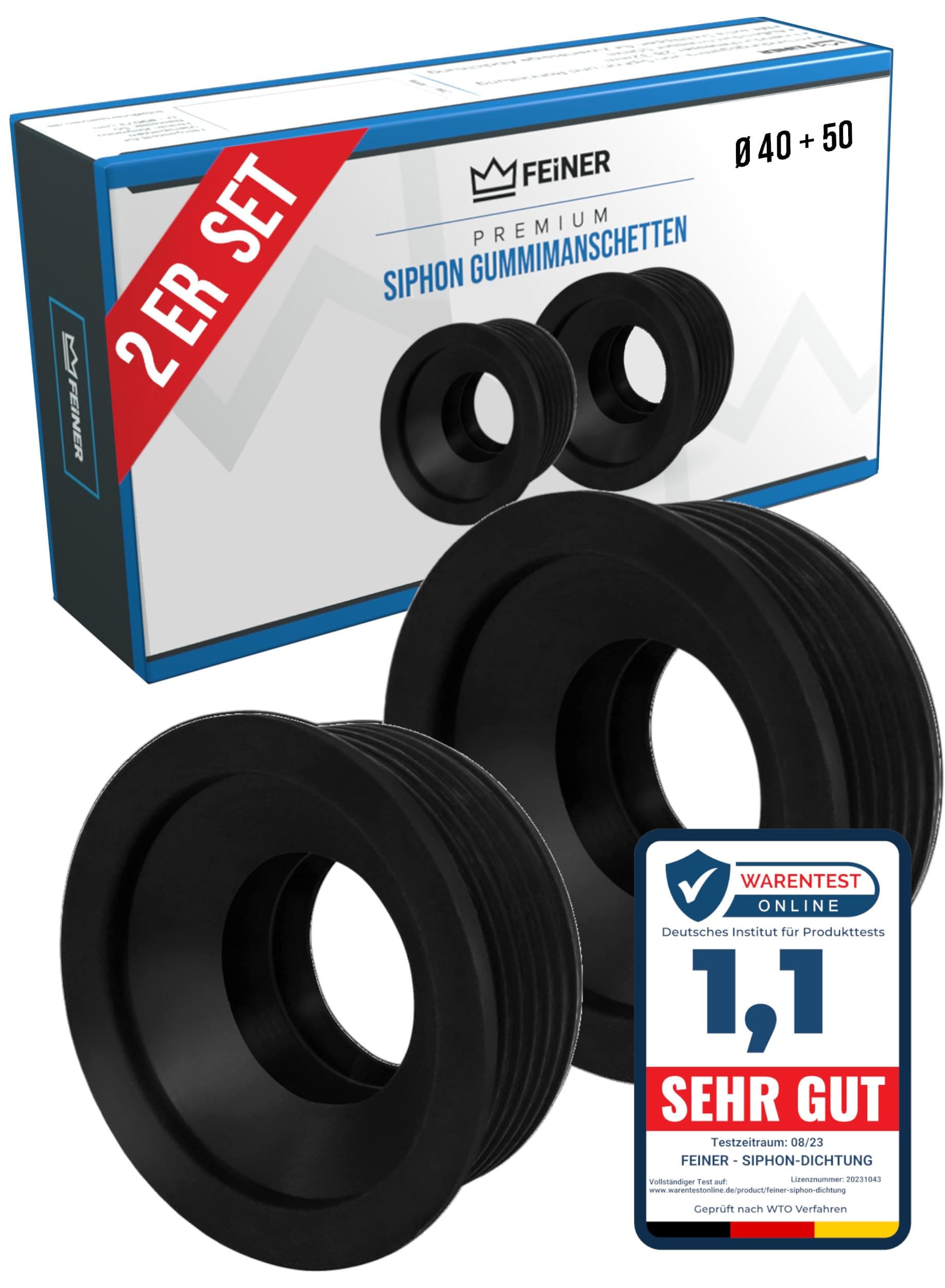 FEINER® [Set of 2] Siphon Rubber Sleeve 50 32 - Outer Diameter 50 mm + Diameter 40 mm - Both Inner Diameter 28-32 mm Rubber Sleeves - Connection to DN 40 and 50 HT Drain Pipes and Siphon Arch