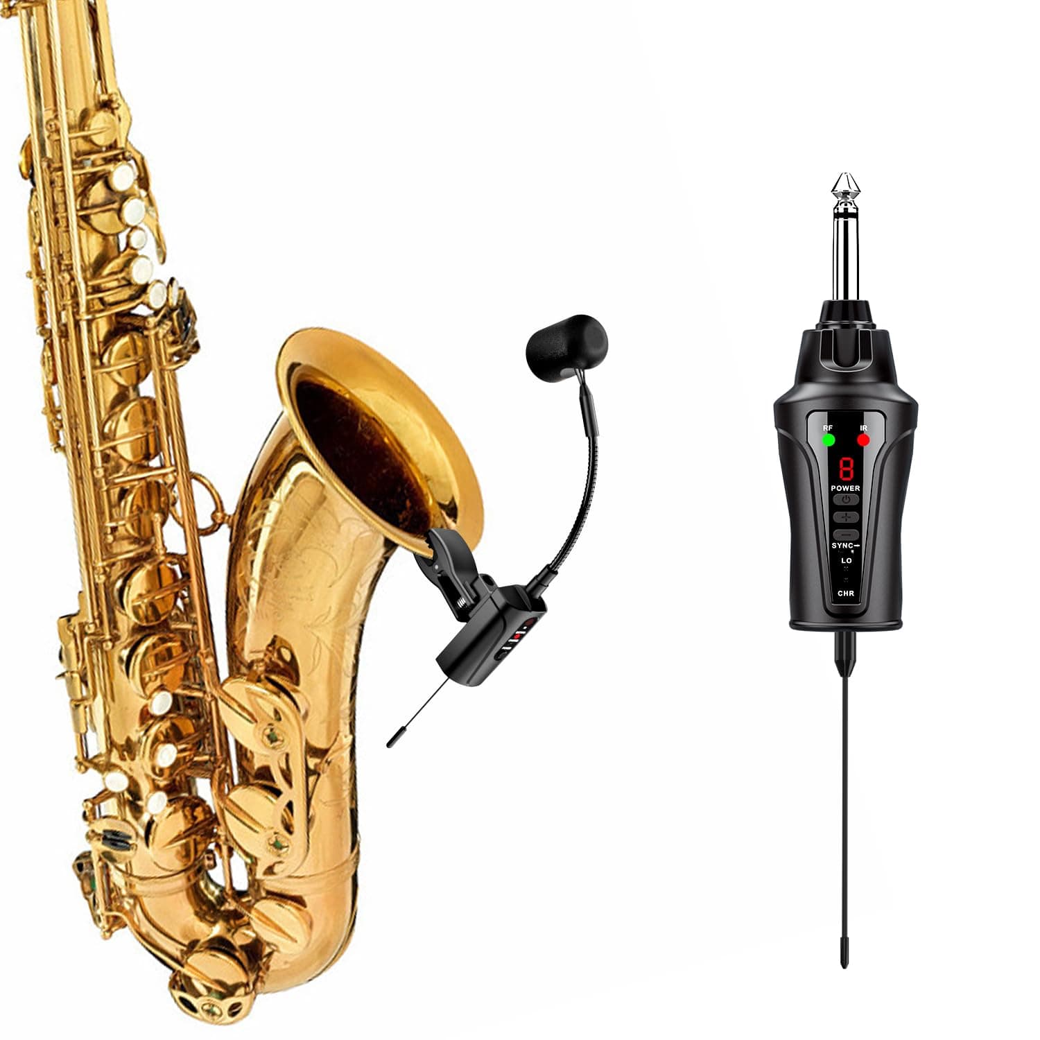 Saxophone Wireless Microphone, UHF Wireless Transmitter and Receiver Clip-on Music Instrument Mic for Saxophone, Trumpet, Teaching, ST-5