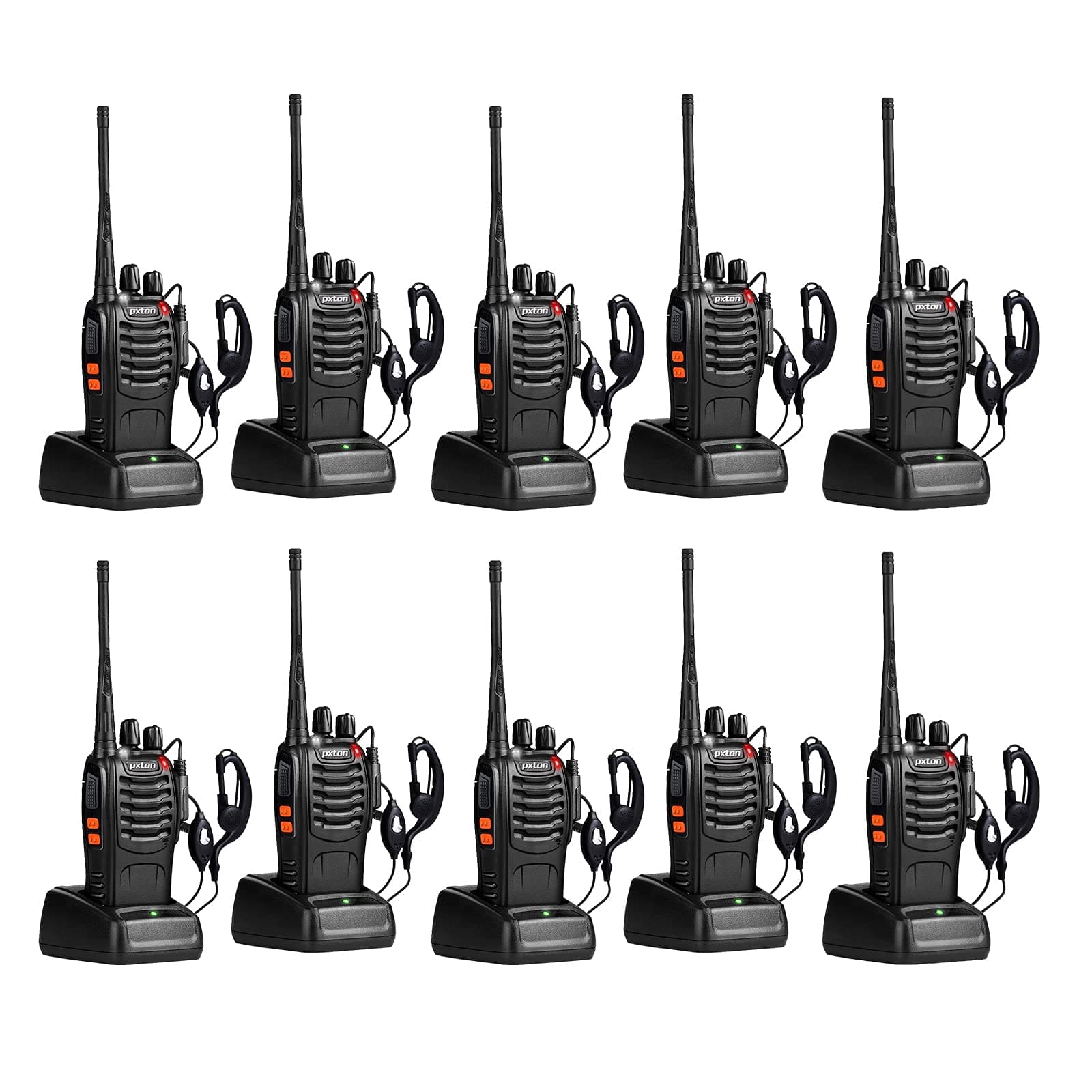 pxton Walkie Talkies for Adults Two Way Radios Long Range with Headphones,16 Channel Handheld 2 Way Radio Rechargeable with Flashlight Li-ion Battery and Charger(10 Pack)