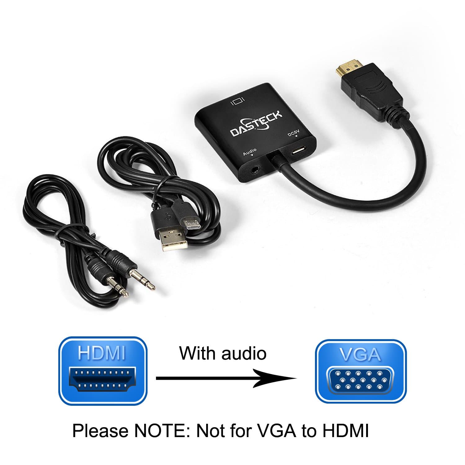 HDMI to VGA with audio , Dasteck HDMI Male to VGA Famle Convert Adapter with Power Port design, come with 3.3ft 3.5mm audio cable and charge cable