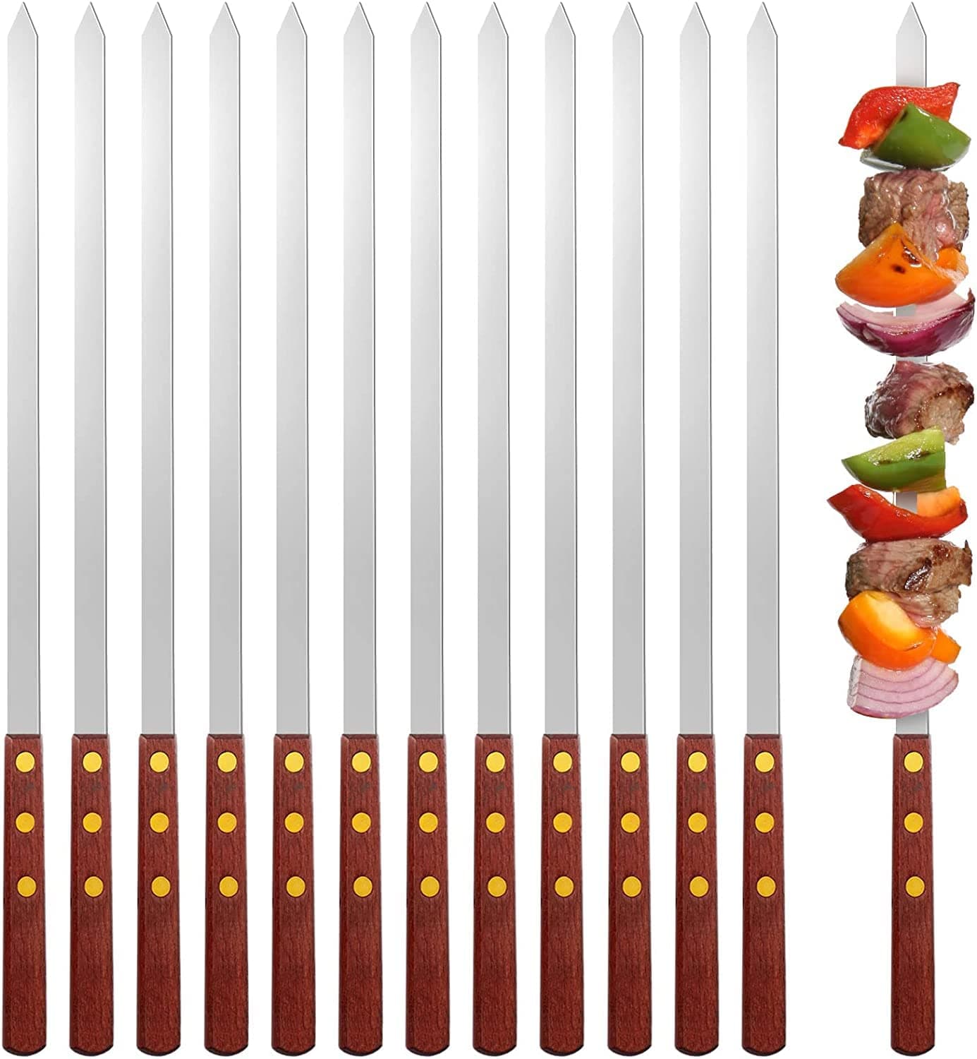 Shinzy Barbecue Skewers 50 cm long BBQ Outdoor Grill Skewer Kebab Skewers with Solid Wood Handle for Grilling Shish Kebob Koubideh Chicken Shrimp Meat Beef Vegetables (12), Silver with Wooden handle