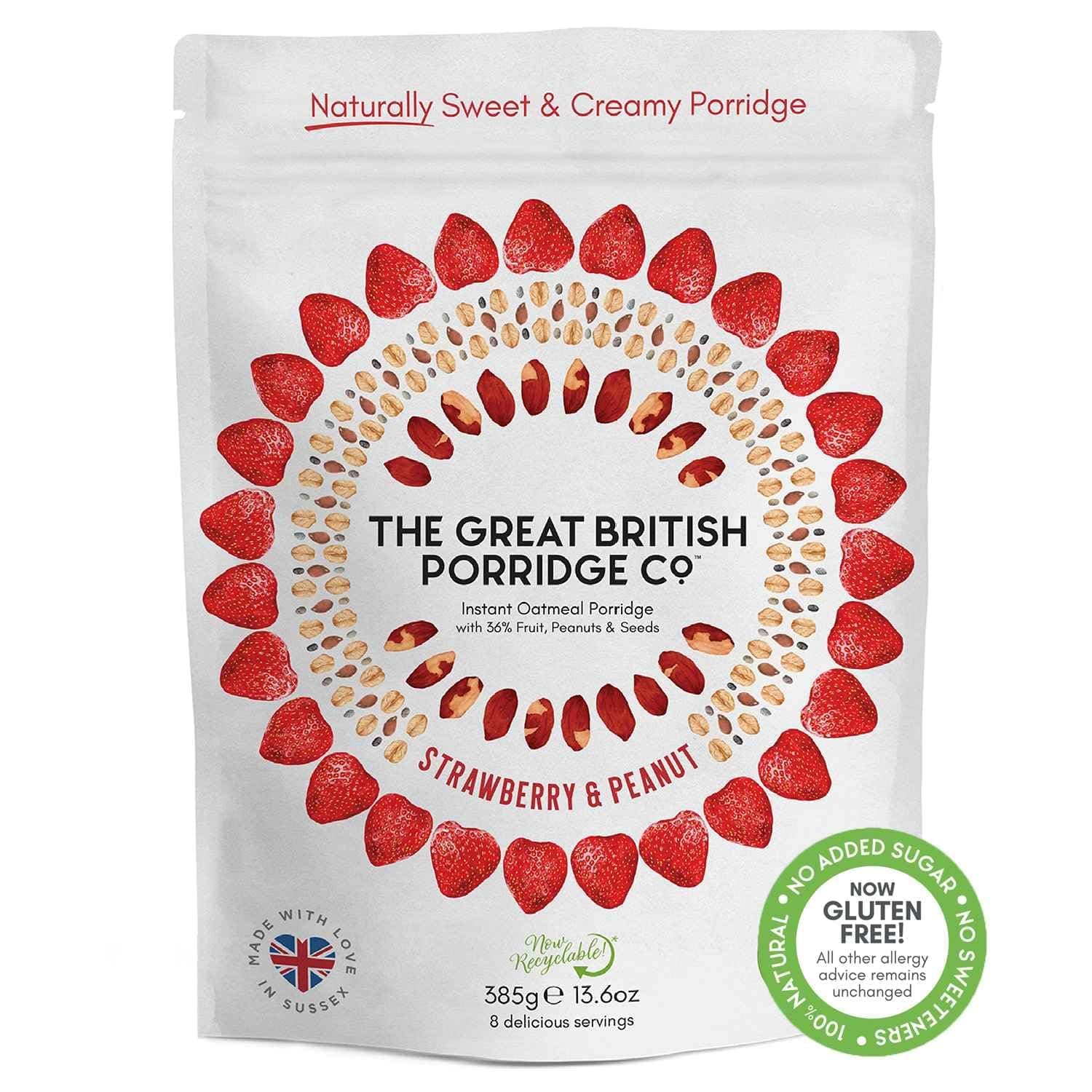 Strawberry & Peanut Instant Oatmeal Porridge from The Great British Porridge Co - Naturally Sweet & Creamy Porridge Oats - 385g Pouch - 100% Natural, No Added Sugar, Plant Based, High Fibre