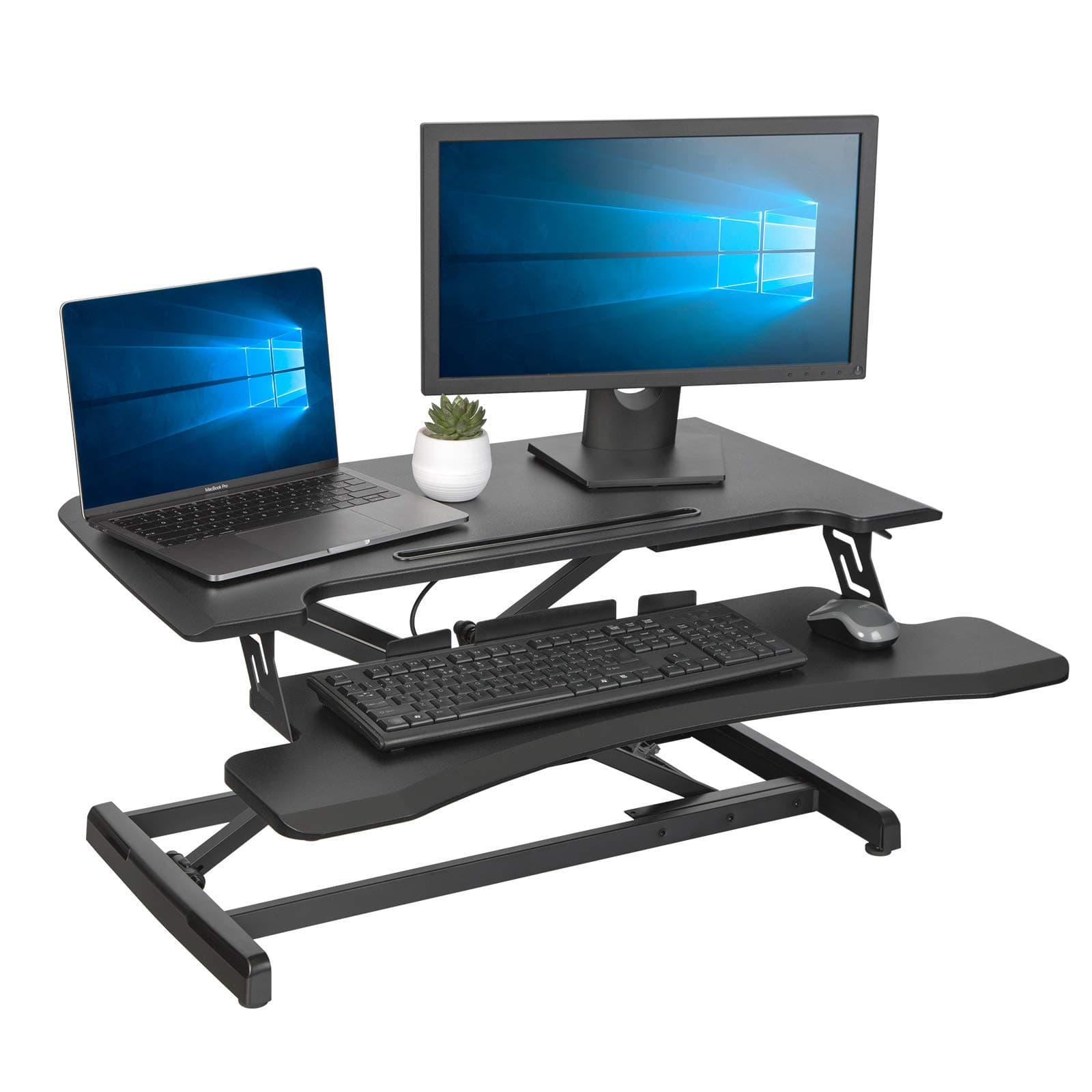 OUTFINE Standing Up Desk Converter Height Adjustable Home Office Desk Sit Stand Riser Workstation with Keyboard Tray (Black, 32'')