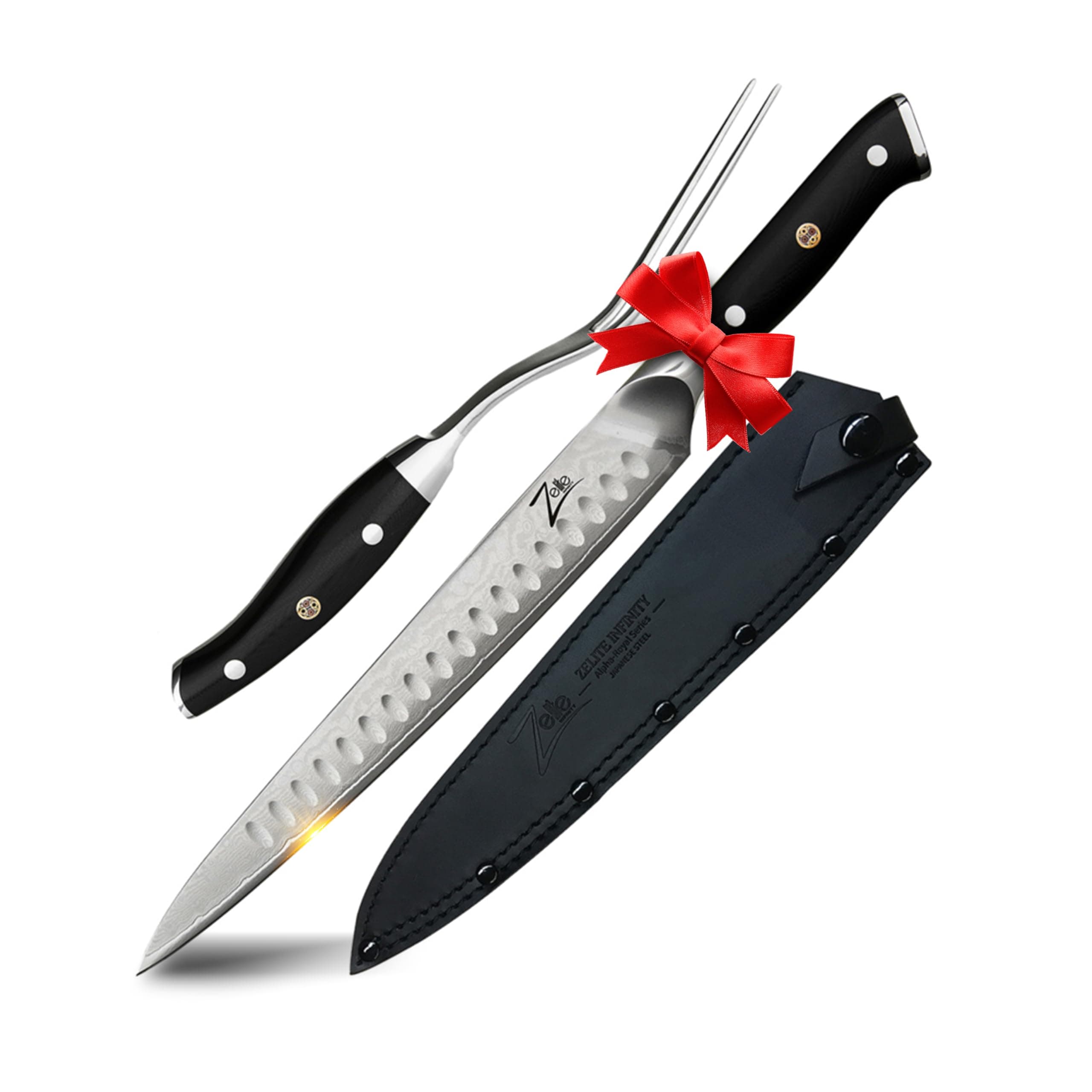 Zelite Infinity 10 Inch Carving Knife & Fork Set - Japanese 10 Inch Meat Carving Knife & Carving Fork Set; Japanese AUS-10 Super Steel; Razor Sharp - Alpha-Royal Series