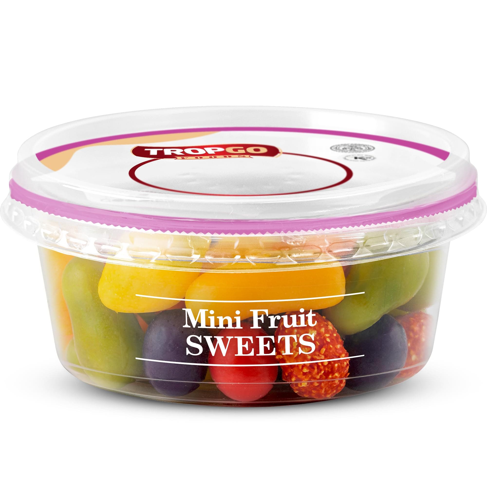 Tropgo Mini Fruits Shape Sweets - Assorted Mini Fruit Candies in a Resealable and Recyclable Tub - Candied Fruit Snack - Mixed Fruit Chewies Made for all Occasions and all Ages - (200G)