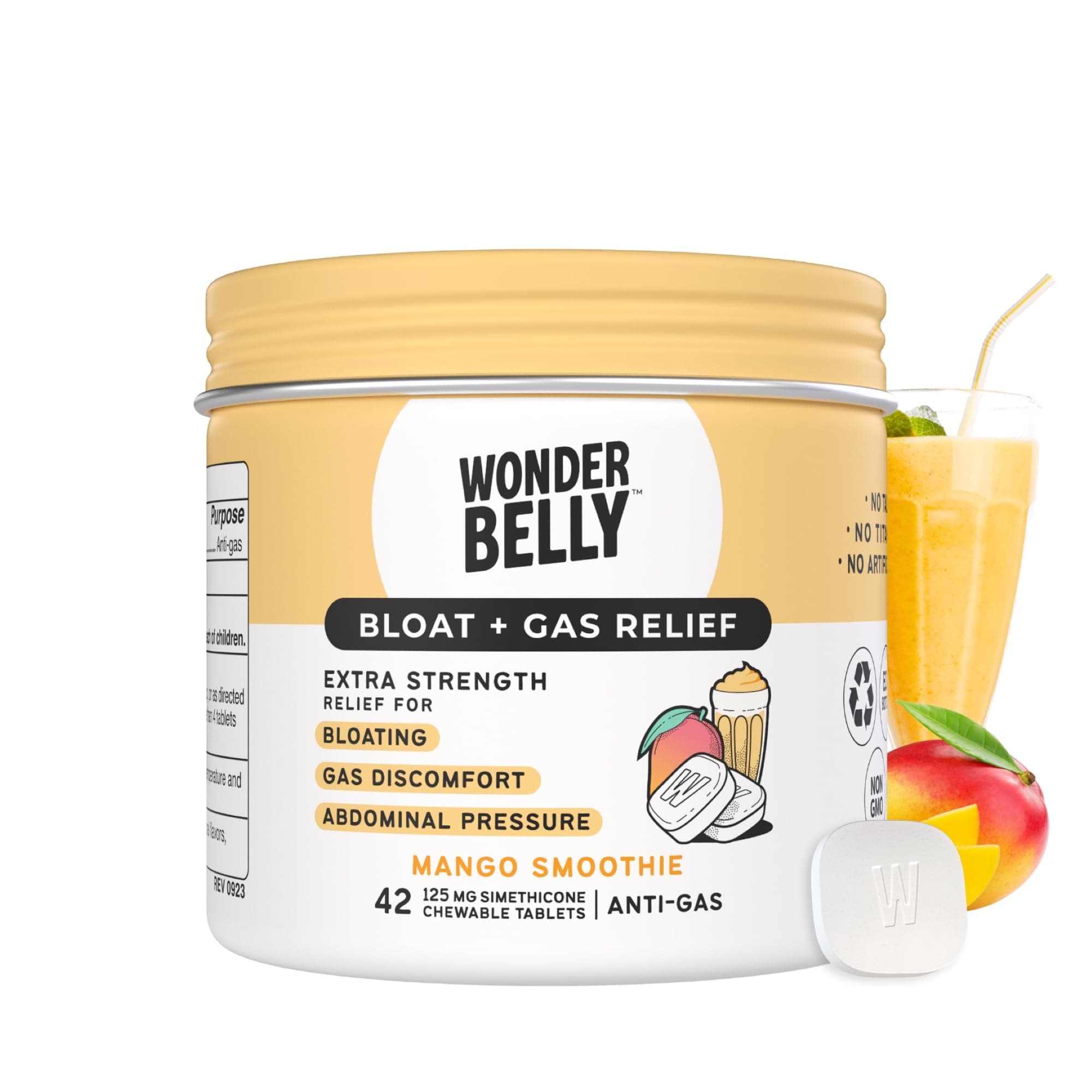 Wonderbelly Bloat + Gas Relief, Extra Strength Chewable Tablets, with 125 mg Simethicone, No Talc or Dye, Mango Smoothie, 42 Count