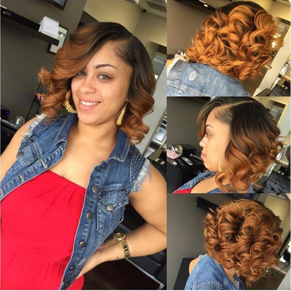 Glueless Full Lace Two Tone Short Wavy Ombre Human Hair Wig #1B/#30 Color Virgin Brazilian Ombre Bob Lace Front Wig for Black Women (10 inches, full lace wig)