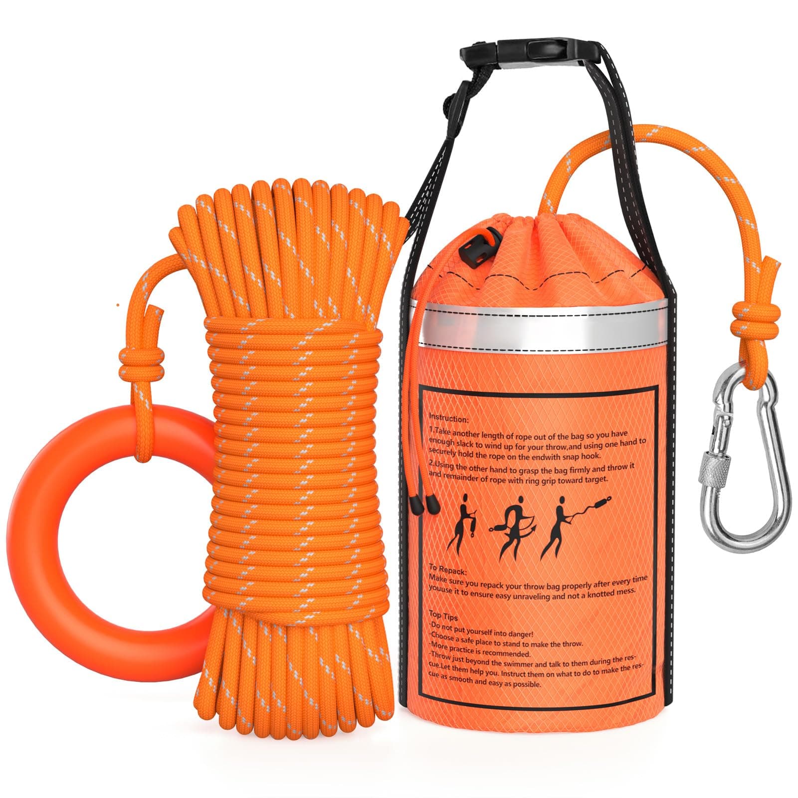Water Rescue Throw Bag with 50/70/98 Feet of Rope in 3/10 Inch Tensile Strength Rated to 1844lbs, Throwable Device for Kayaking and Rafting, Safety Equipment for Raft and Boat