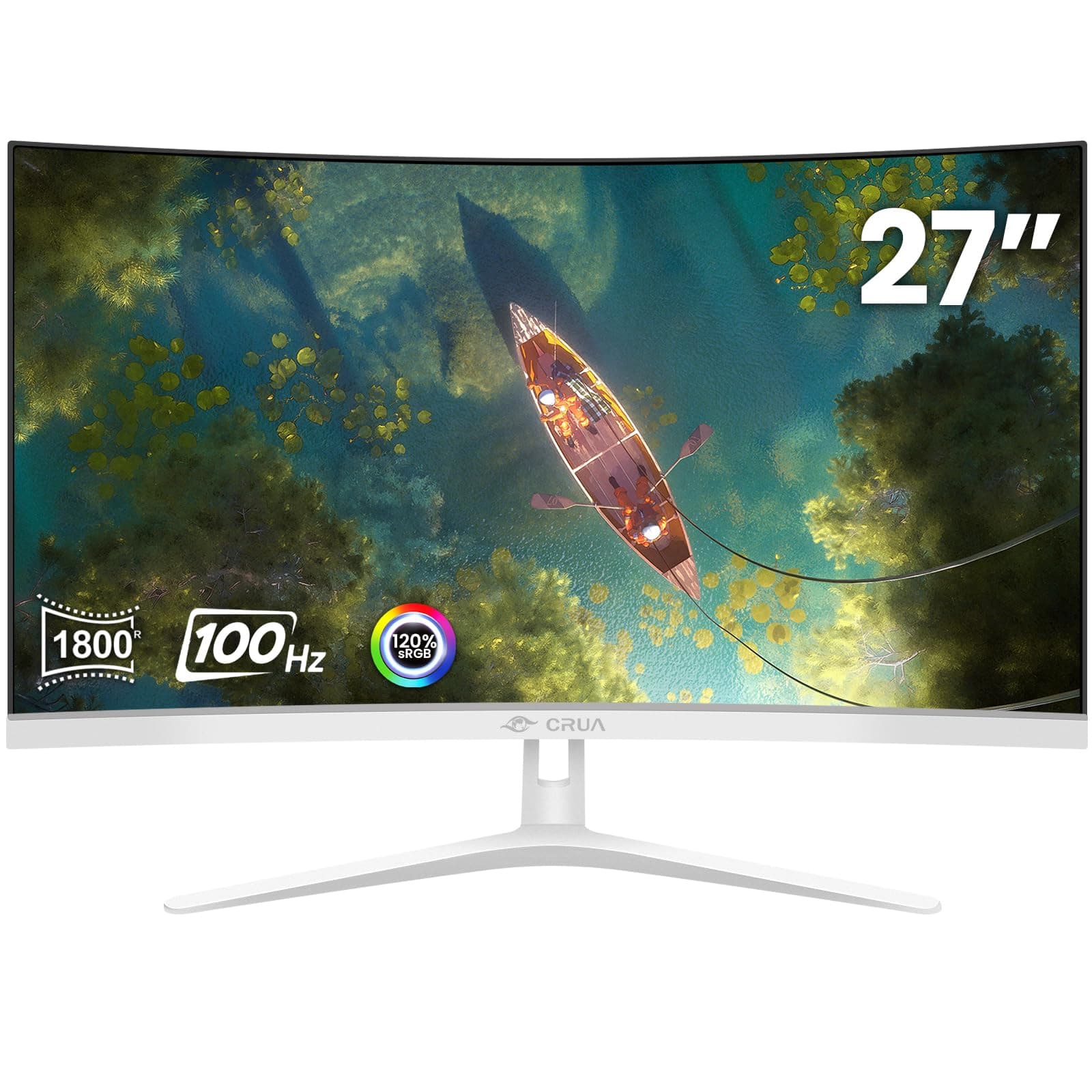 CRUA 27" Curved White Monitor, Full HD(1920x1080P) VA Panel 1800R 100HZ 99% sRGB Professional Computer Monitors, 3Sides Frameless, Flicker-Less,Blue Light Filter, for Office & Gaming.(VGA, HDMI)