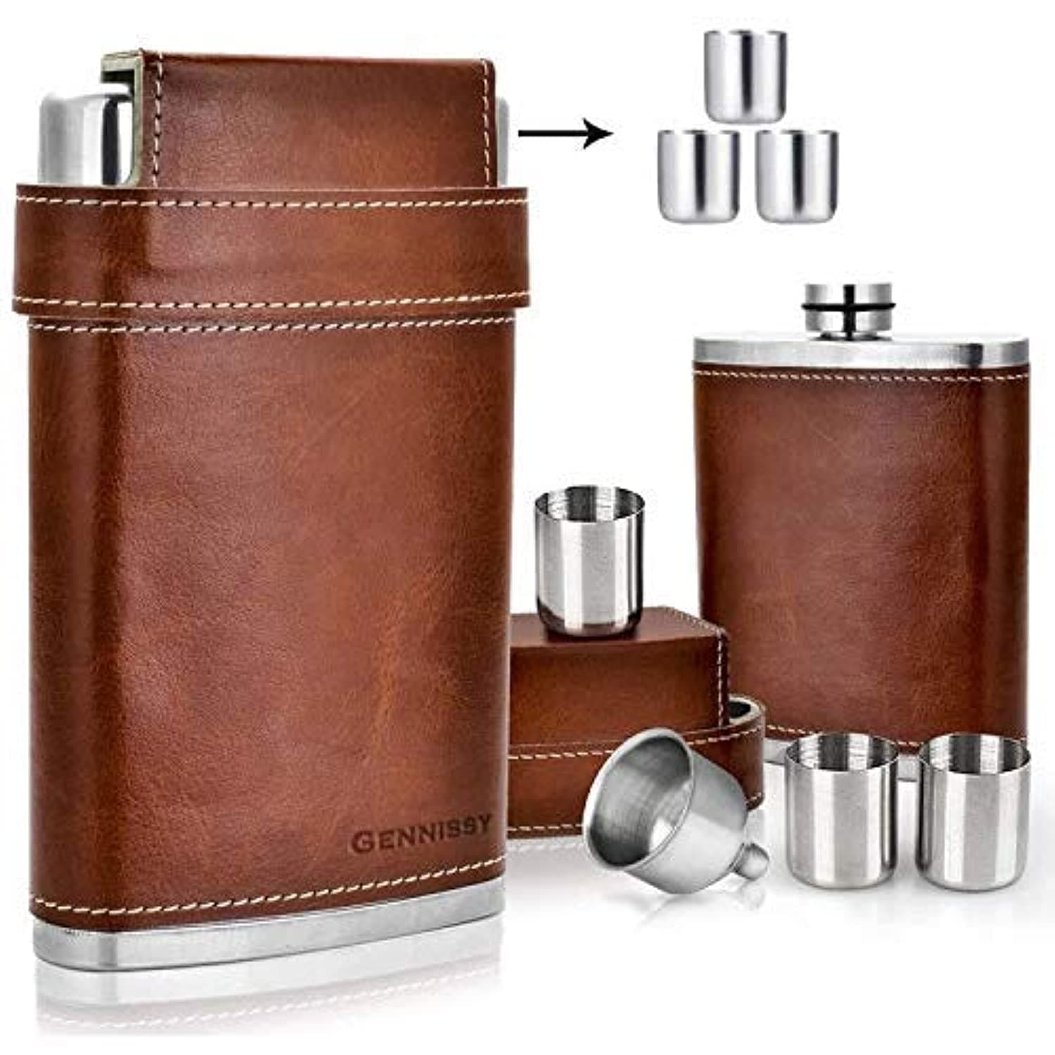 8oz Hip Flask for Men - 304(18/8) Stainless Steel Bourbon Whiskey Flask, Leakproof with Brown Leather Wrap - Includes Funnel & 3 Mini Cups for Dad, Gifts, Travel