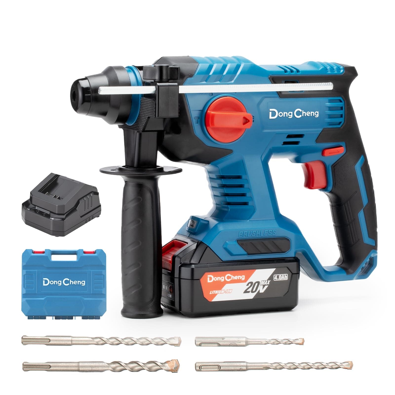 Dong Cheng Dongcheng 20V MAX Cordless Rotary Hammer Drill, 7/8 Inch SDS-Plus, 4 Modes, Adjustable Handle, With 4.0Ah Battery, 4 Drill Bits For Concrete/Brick/Wall/Metal, DCZC22 (EA-02), Blue