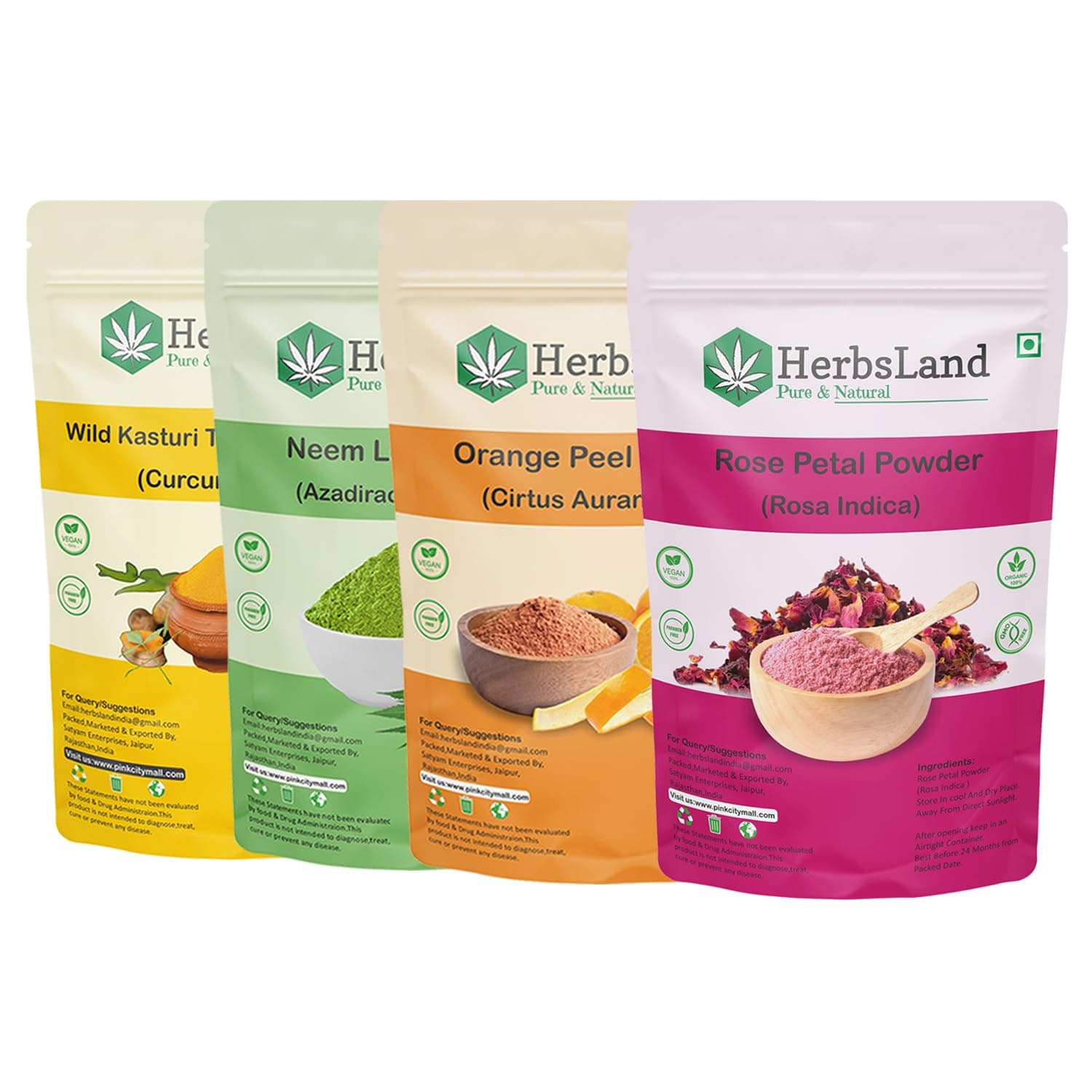 HerbsLand® 100% Pure Organic Wild Kasturi Turmeric, Neem Leaf, Orange Peel & Rose Petal Powder (100gm Each) (400 gm)