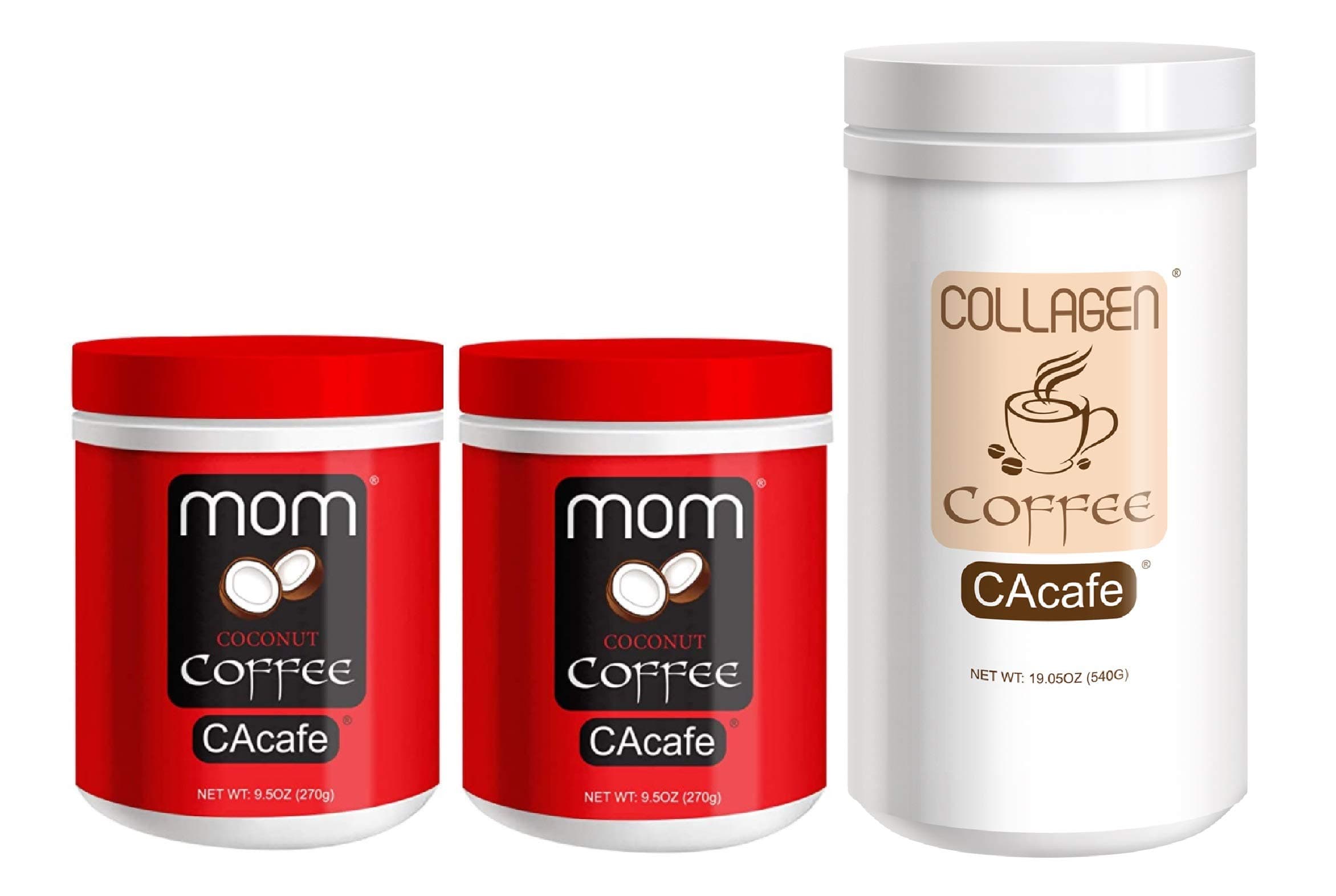 CAcafe (2) Mom Coffee 9.5oz and (1) Collagen Coffee 19.05oz Variety 3 Pack