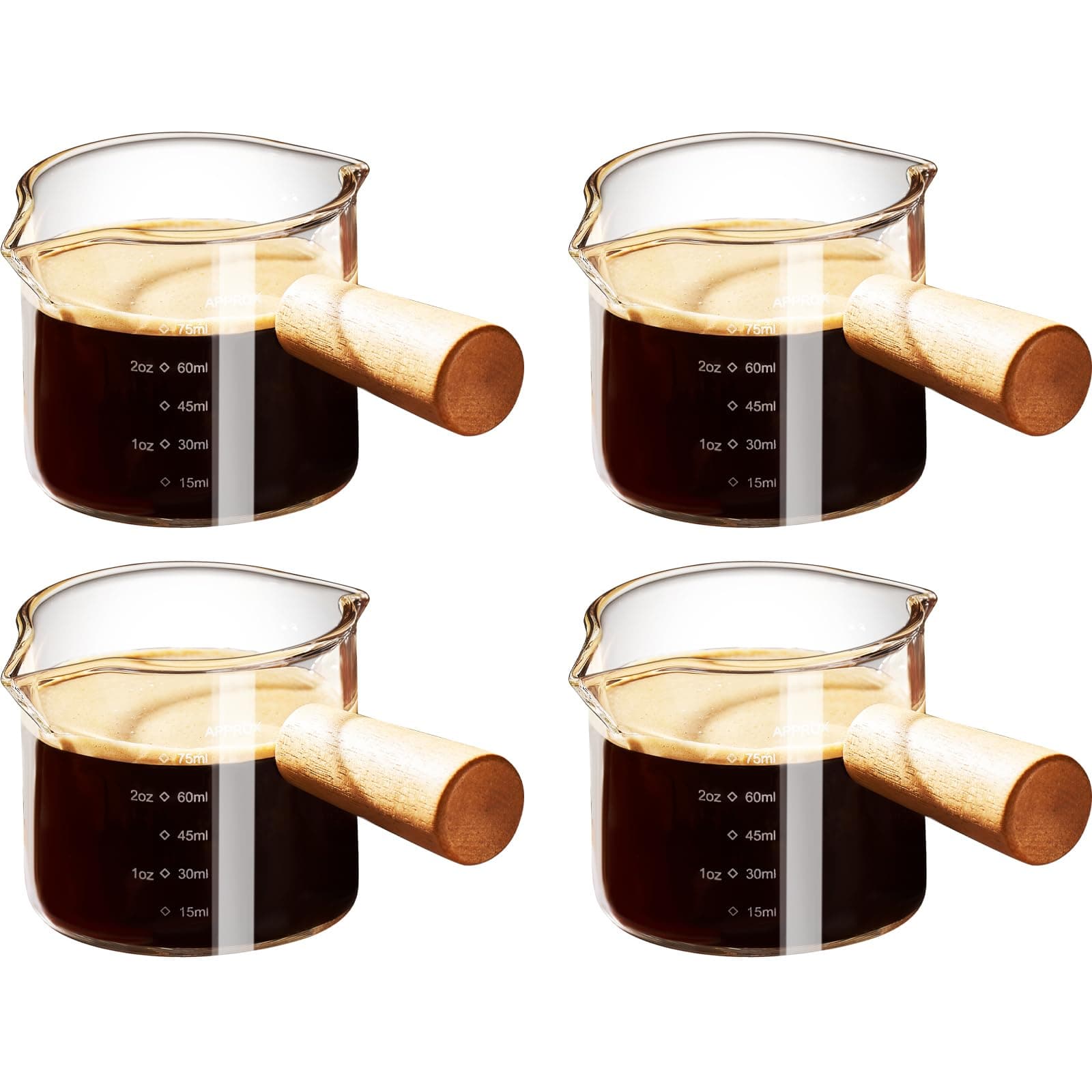 ParaCityEspresso Cups with Wood Handle, Double Spout Glass Measuring Cup with Dual Scale, Espresso Shot Glass with V-Shaped Mouth, Milk Frothing Pitcher 100ml (4)