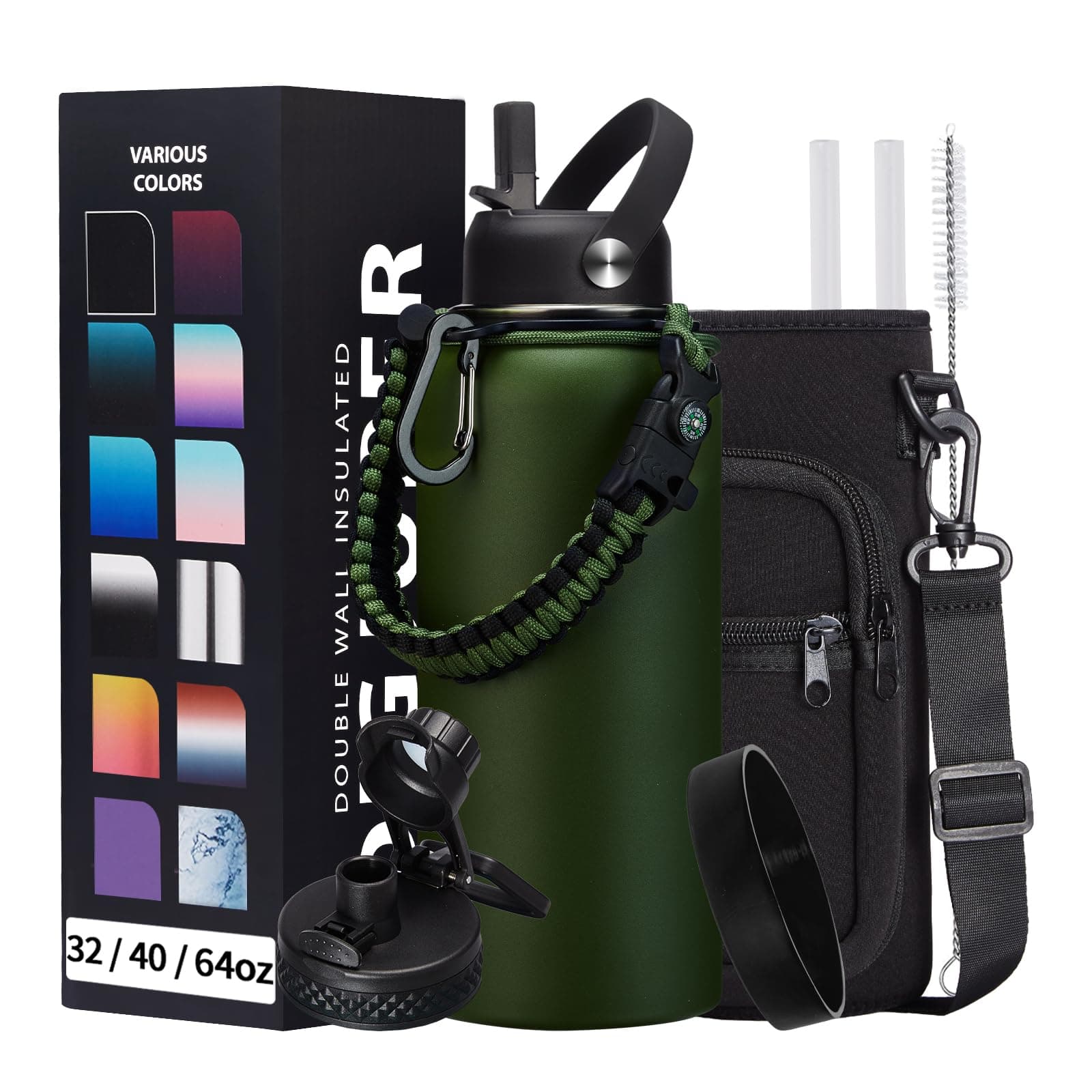 Insulated Water Bottle 32 oz - Cold-48h & Hot-24h Stainless Steel Vacuum Flask with Straw & Pop-up Chug Lid, Leak Proof 32oz Water Bottles, Wide Mouth Hydro Metal Thermal Cups for Gym Work