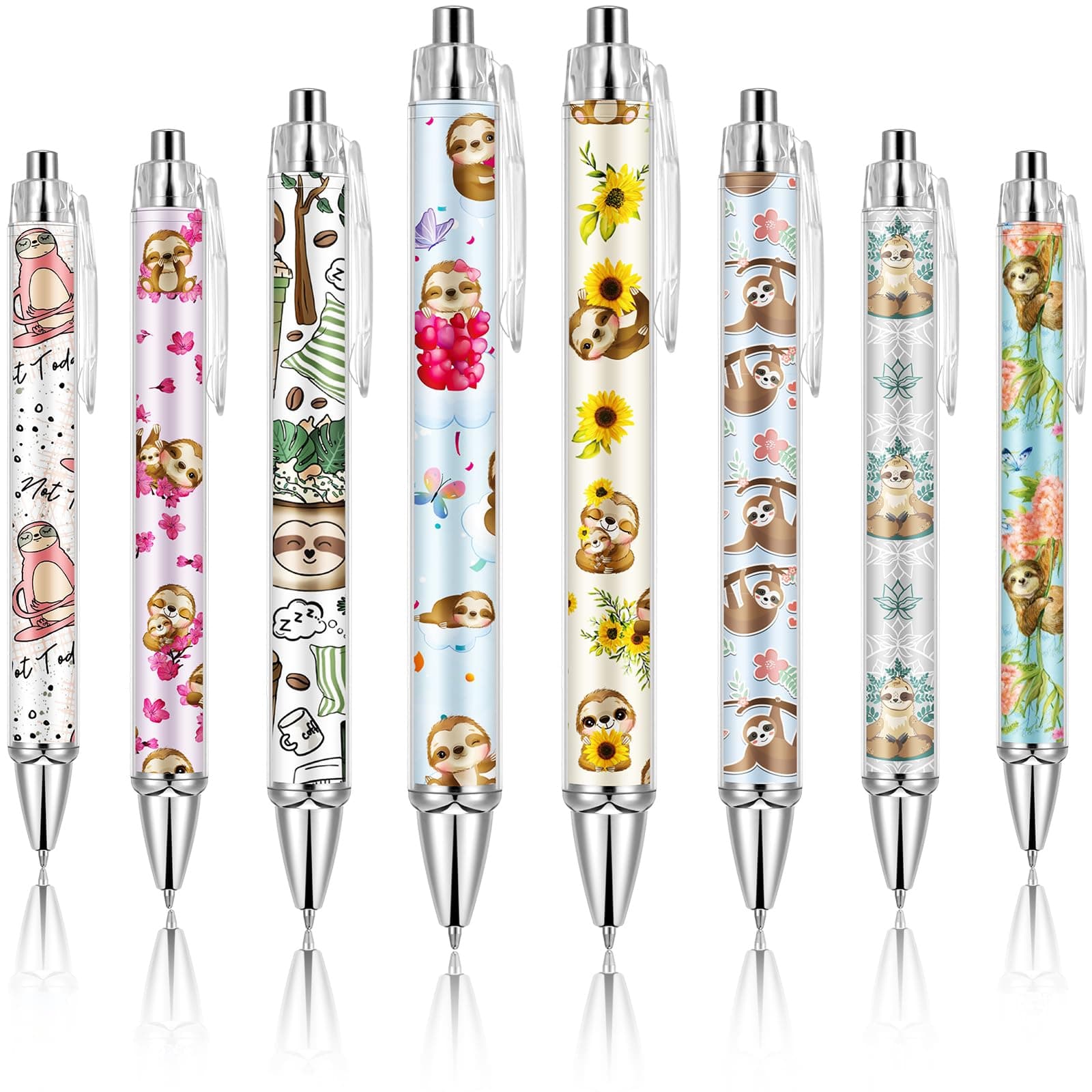 Ireer 8 Pcs Ballpoint Pens for Women 1.00 mm Cute Black Ink Fancy Pens Fine Point Smooth Writing for Students Classroom Office Supplies(Sloth)