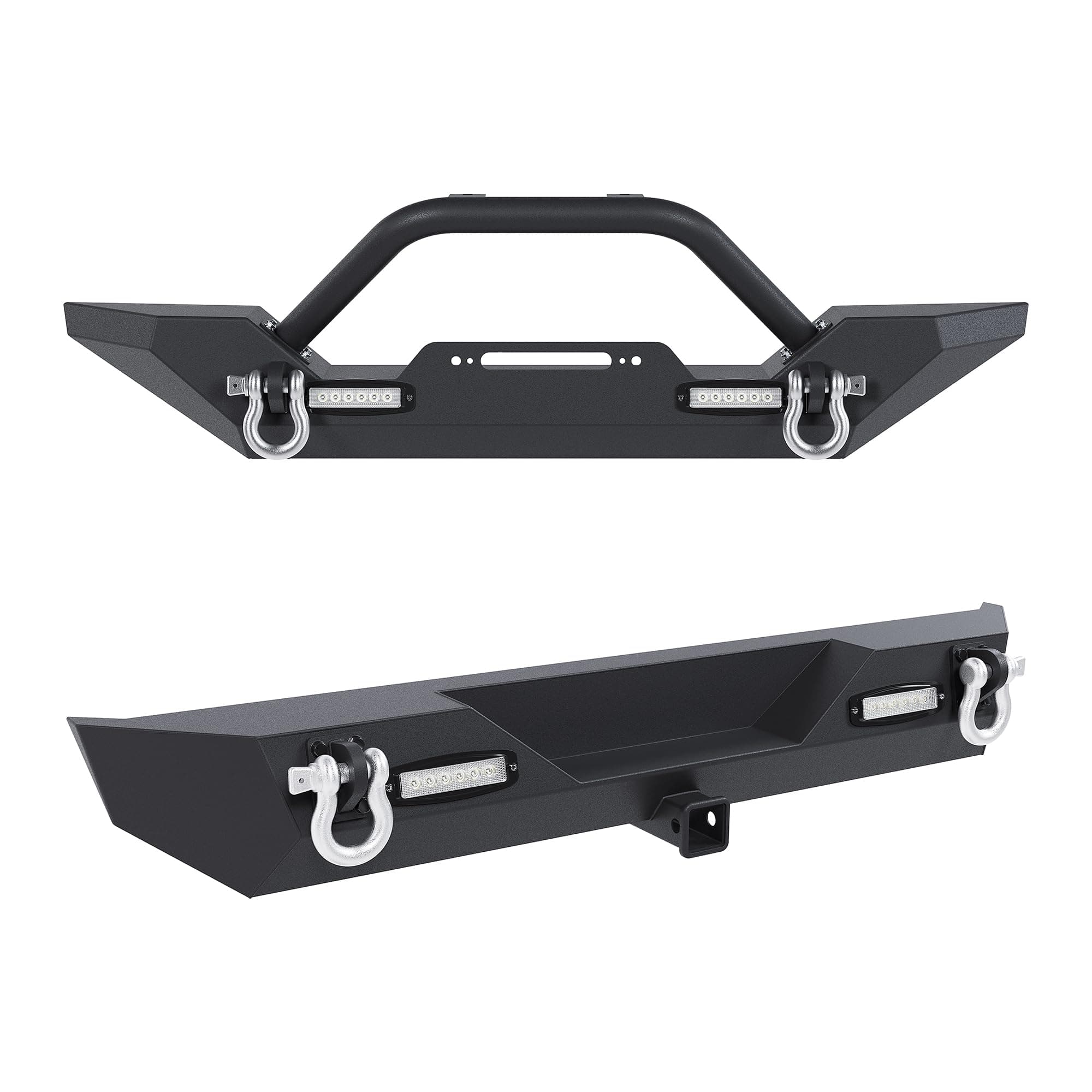KUAFU Front & Rear Bumper Compatible With 1986-2006 Jeep Wrangler TJ YJ w/2 40W LED Lights & D rings & 2" Hitch Receiver Black Powder Coated Steel (2 Packages)