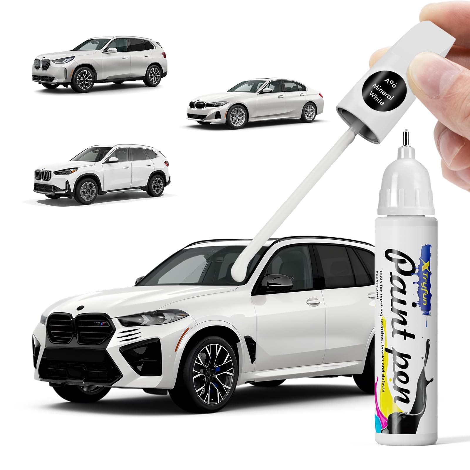 A96 Mineral White Touch Up Paint Compatible with BMW, DIY Car Paint Scratch Repair, Quick & Easy Fix Automotive Scratch Repair for X1/X2/X3/X4/X5/X6/X7/2 3 4 5 7 8 Series/iX/Z4/M3/M5/M8