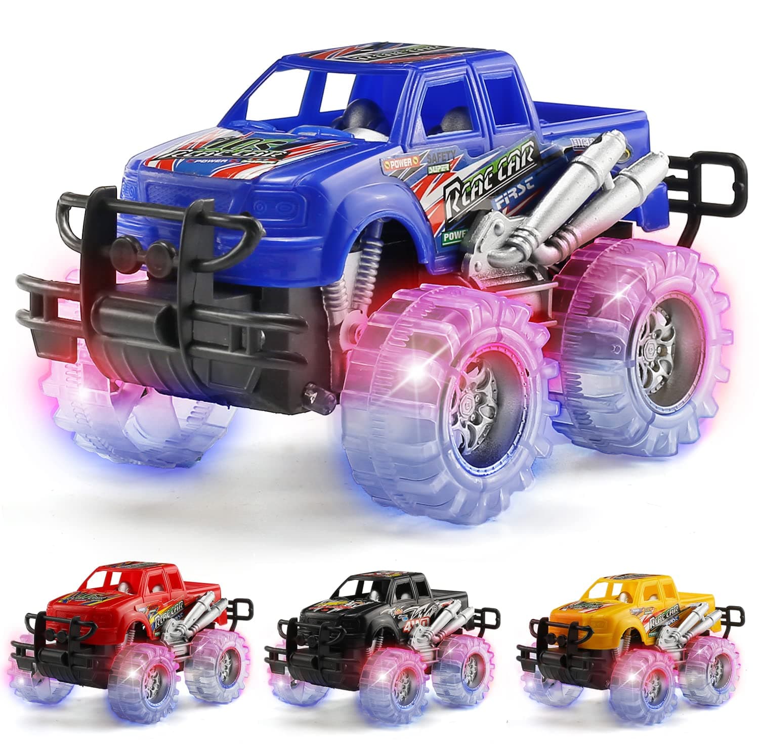 MAPIXO 4 Pack 4 Colors Monster Truck Set with Light Up Flashing LED Wheels, Best Gift for Boy and Girl Age 3+ Years Old. Push n Go Car, Monster Car Toy for Kids Child Toddler Birthday Party Favors