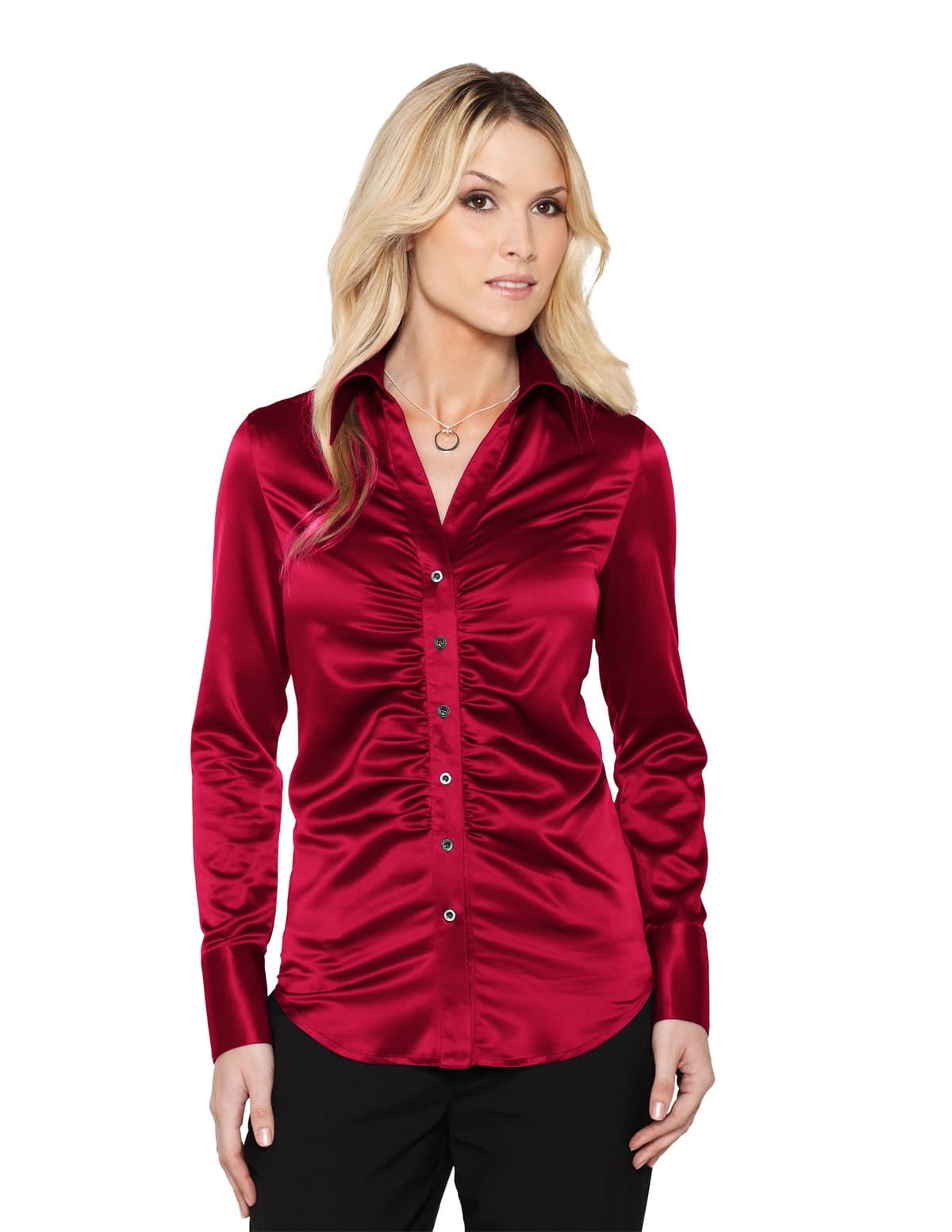 Tri-Mountain Women's Stylish Ruching Placket Satin Shirt, DEEP SCARLET, Medium