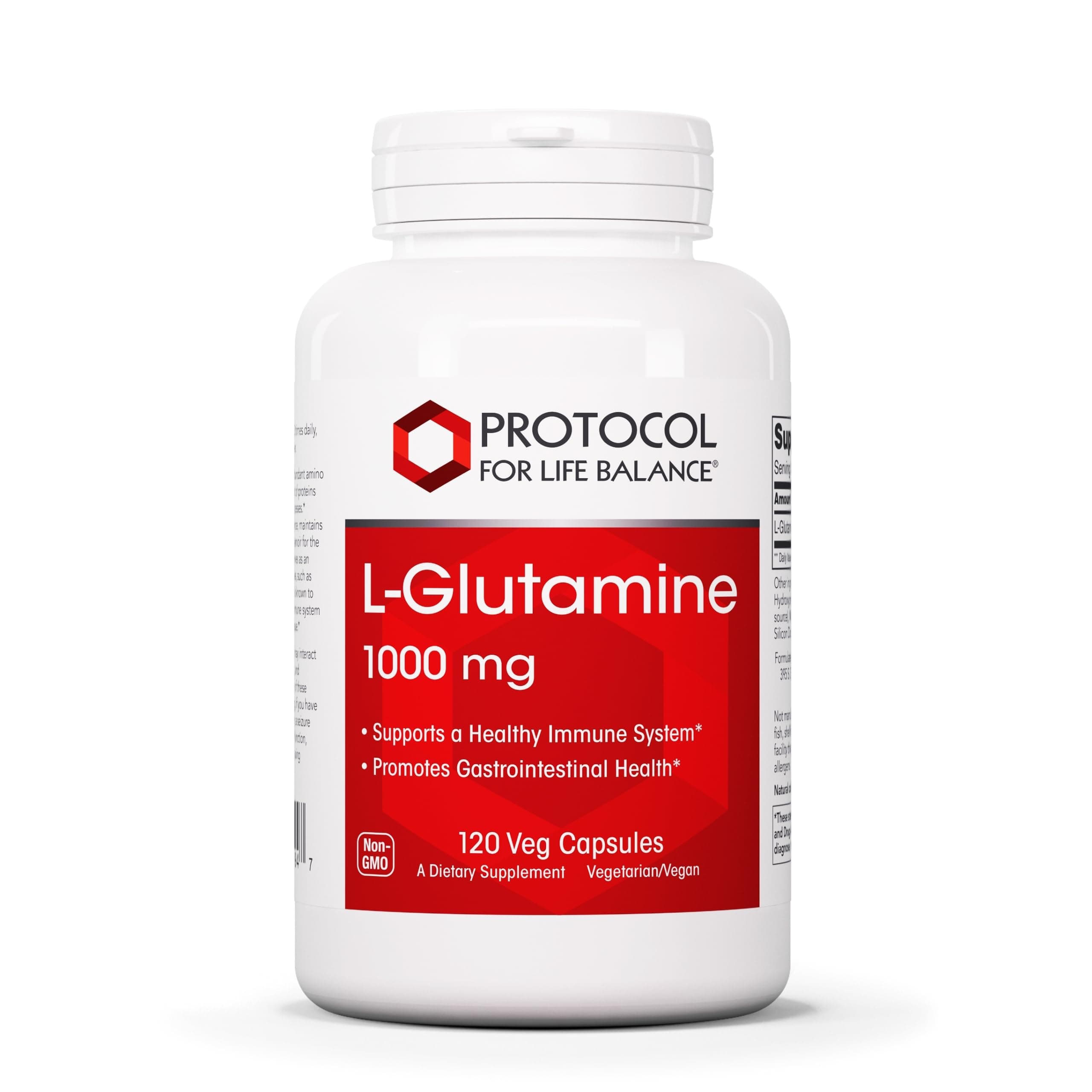 PROTOCOL FOR LIFE BALANCE L-Glutamine 1,000mg - Supports Gut Health & Immunity* - Amino Acid Supplement - Capsules Gastrointestinal Integrity* - Made Without Gluten, Dairy-Free, Kosher - 120 Veg Caps