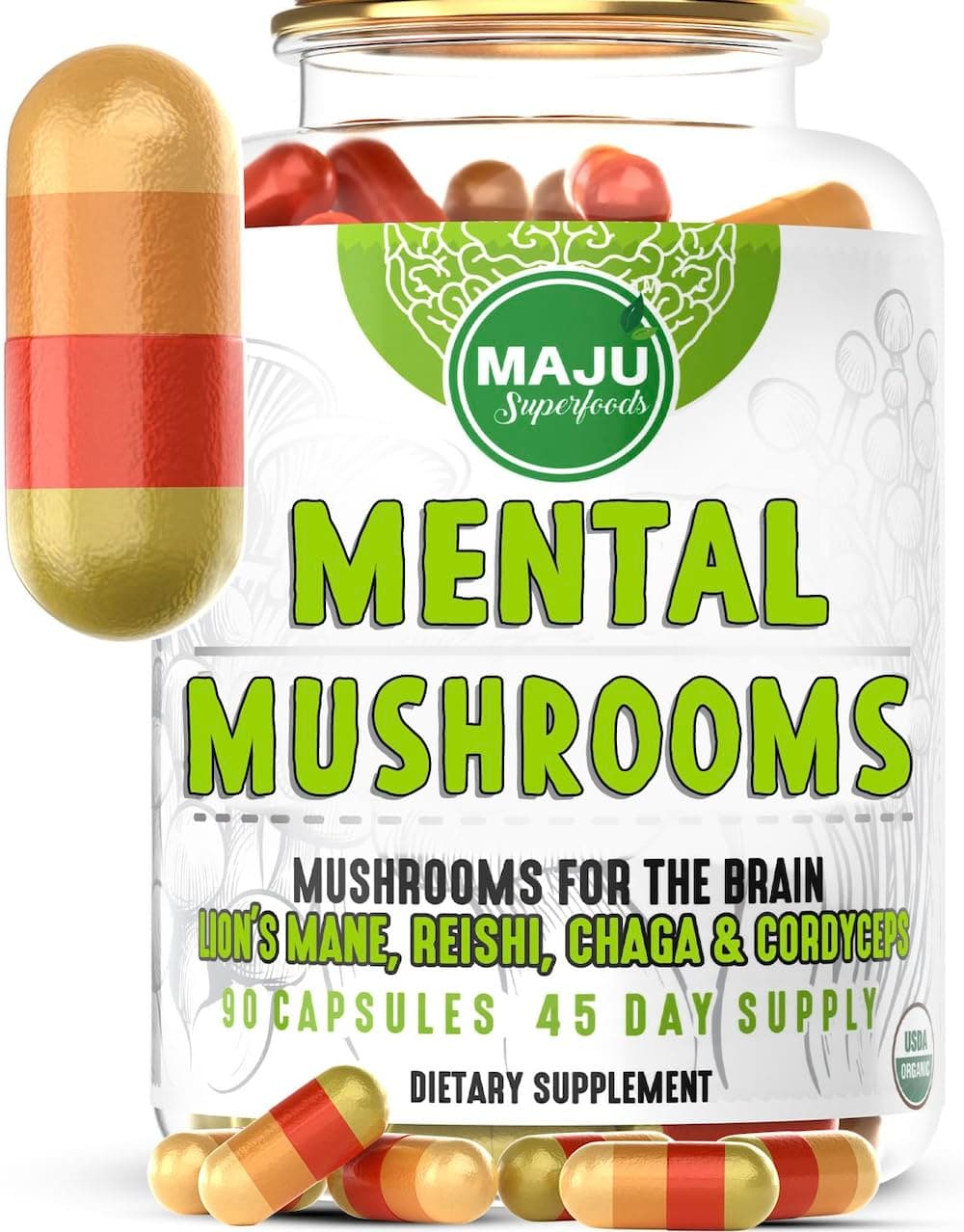 MENTAL Mushroom Capsules, Organic Extract Supplement w/ Lion's Mane, Cordyceps, Reishi and Chaga, Boost Your Focus, Energy, Wellness and Immune System - Nootropic Mushrooms, Immune Support 90ctUSDA Organic