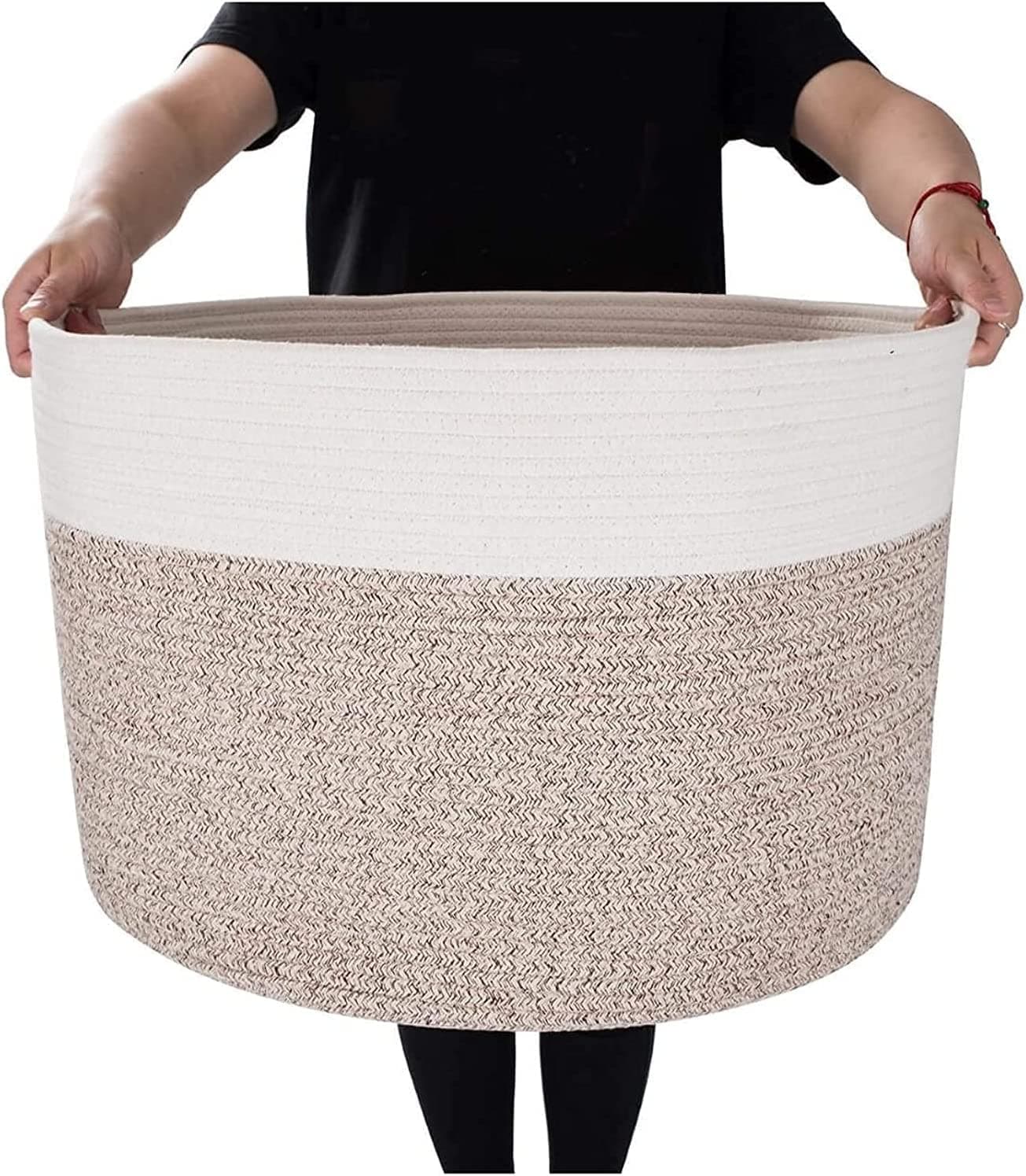 TOMVAES Large Woven Cotton Rope Basket,Laundry Basket with Handle,Blanket Basket, Baby and Dog Toy Storage Baskets Bin,Kid Laundry Hamper,Towel Basket(55x35cm )