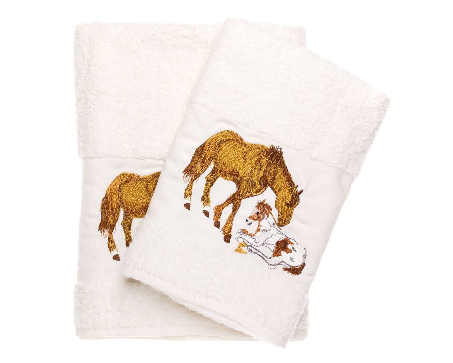Ebru Luxury Horse Embroidered Ecru Bath and Hand Towel 100% Cotton Bathroom Set & Gift