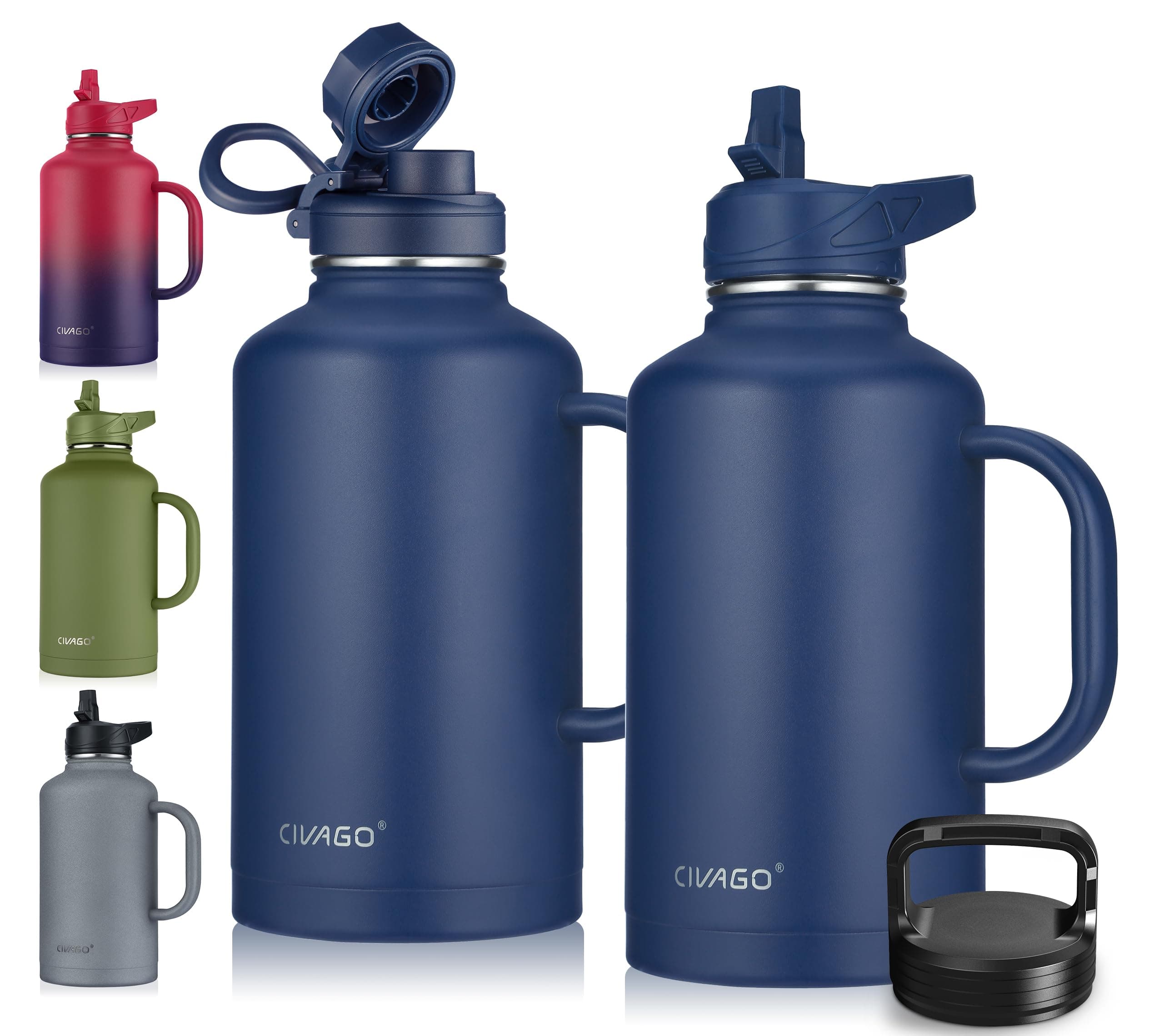 CIVAGO 64 oz Insulated Water Bottle Jug with Straw and Handle, Half Gallon Stainless Steel Water Flask, Large Sports Metal Water Bottle with Straw Lid (3 Lids), Big Thermal Mug Cup, Navy Blue