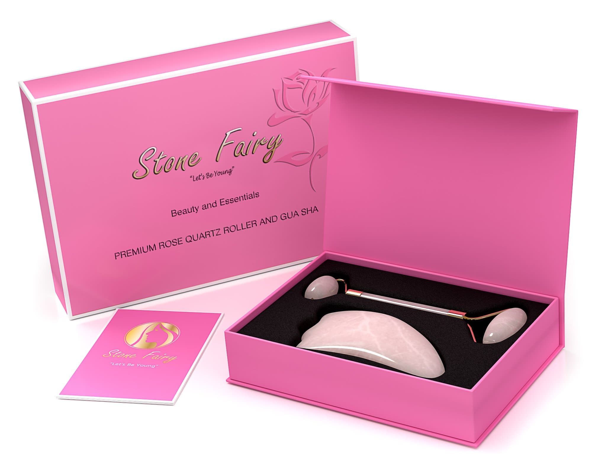 Rose Quartz Roller and Gua Sha Set Bundle for Face Body Skin Therapy | 100% Natural Beauty Massage Skin Scraping Tool for Aromatherapy Healing Holistic Rejuvenation Treats Wrinkles Anti-Aging Slimming