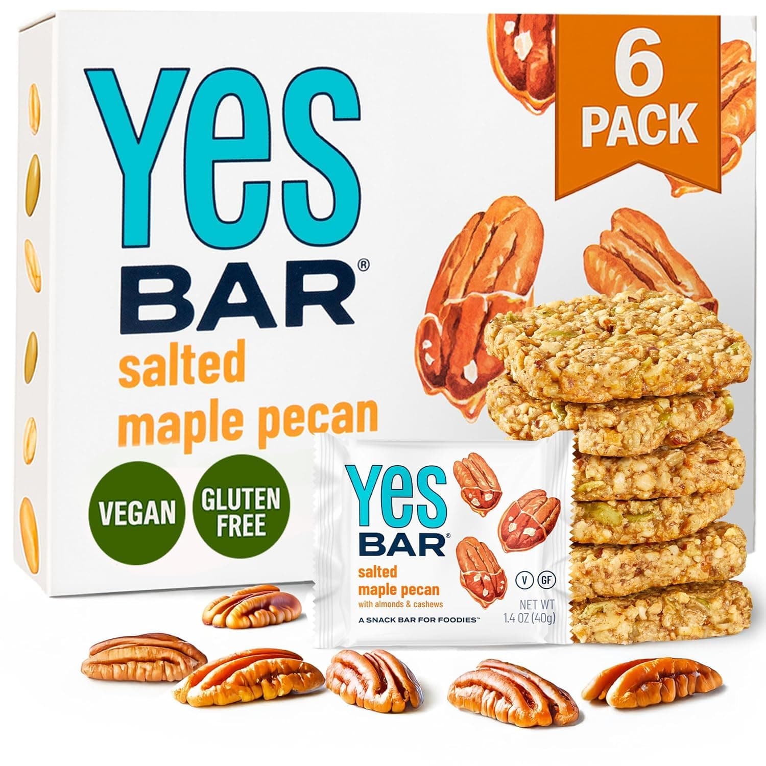 YES Nut Bars - Salted Maple Pecan - Soft Chewy Healthy Snack Bars Made with Organic Maple Syrup – Vegan, Paleo, Gluten Free, No Refined Sugar, Dairy Free, Plant Based Protein, Low Sugar - 6 Count