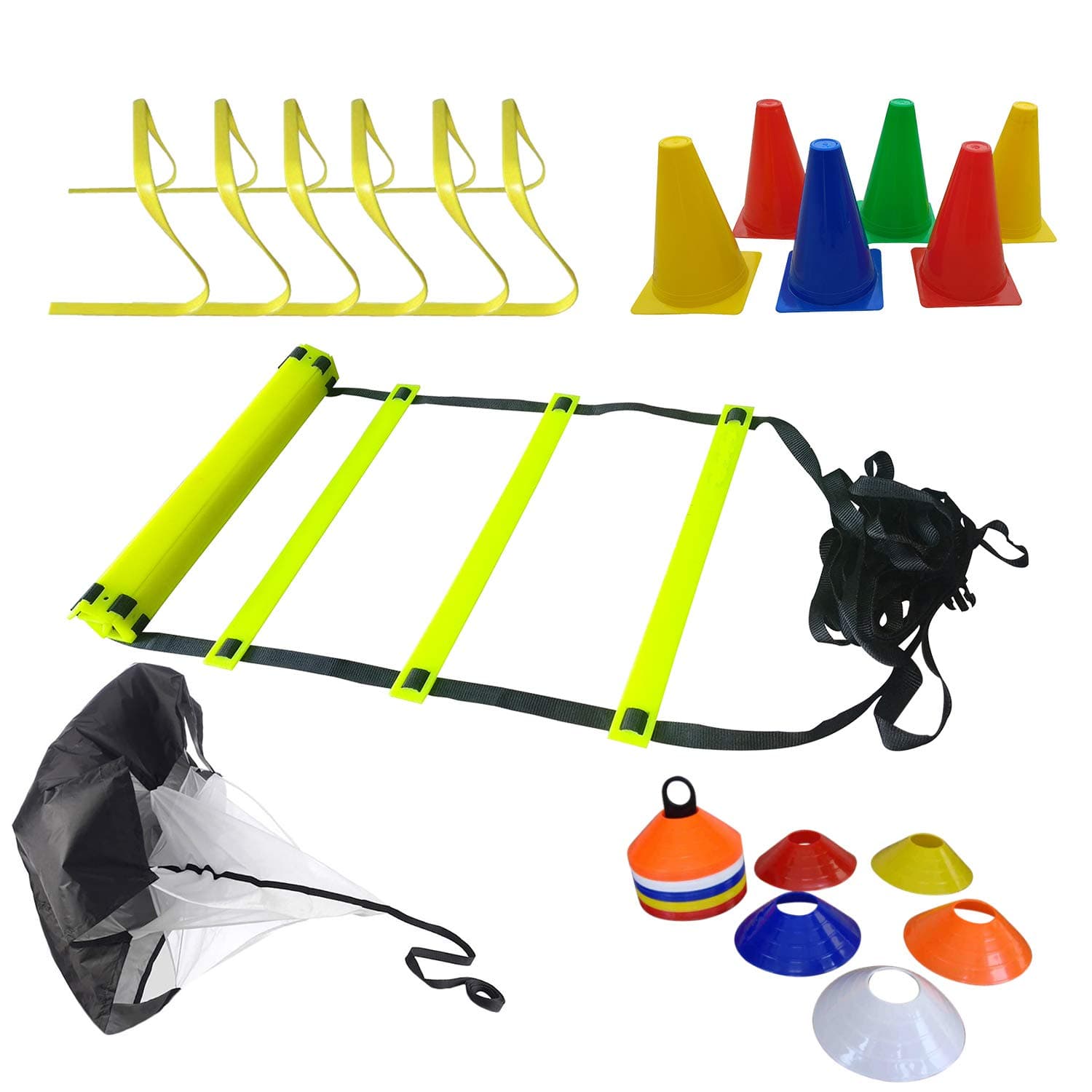 Football Training Kit Plastic Agility Hurdle, Marker Cones, Running Parachute, Agility Ladder & Sucer Cones With Stand, Size-6 Inch (Multicolour)