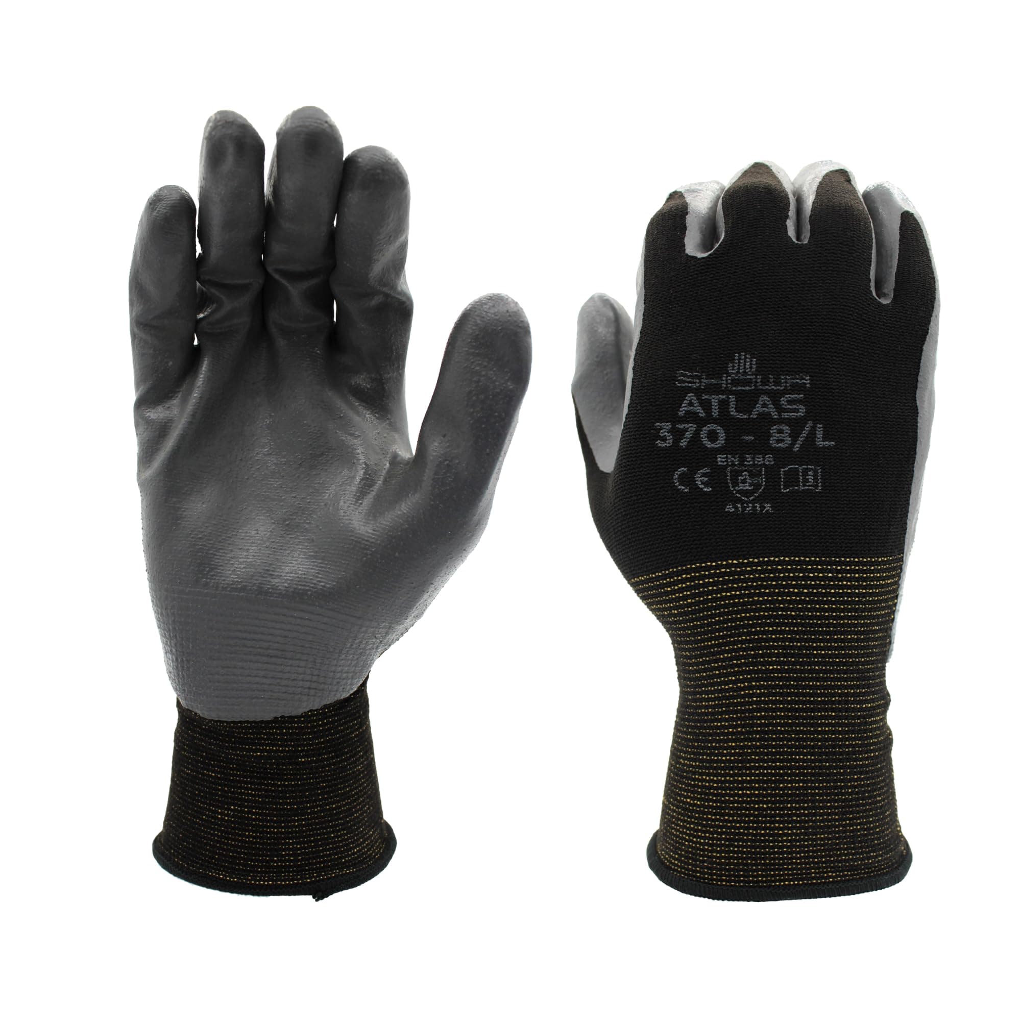 SHOWA Atlas 370BM-07 Nitrile Palm Coating Glove, Black, Medium (Pack of 12 Pairs)