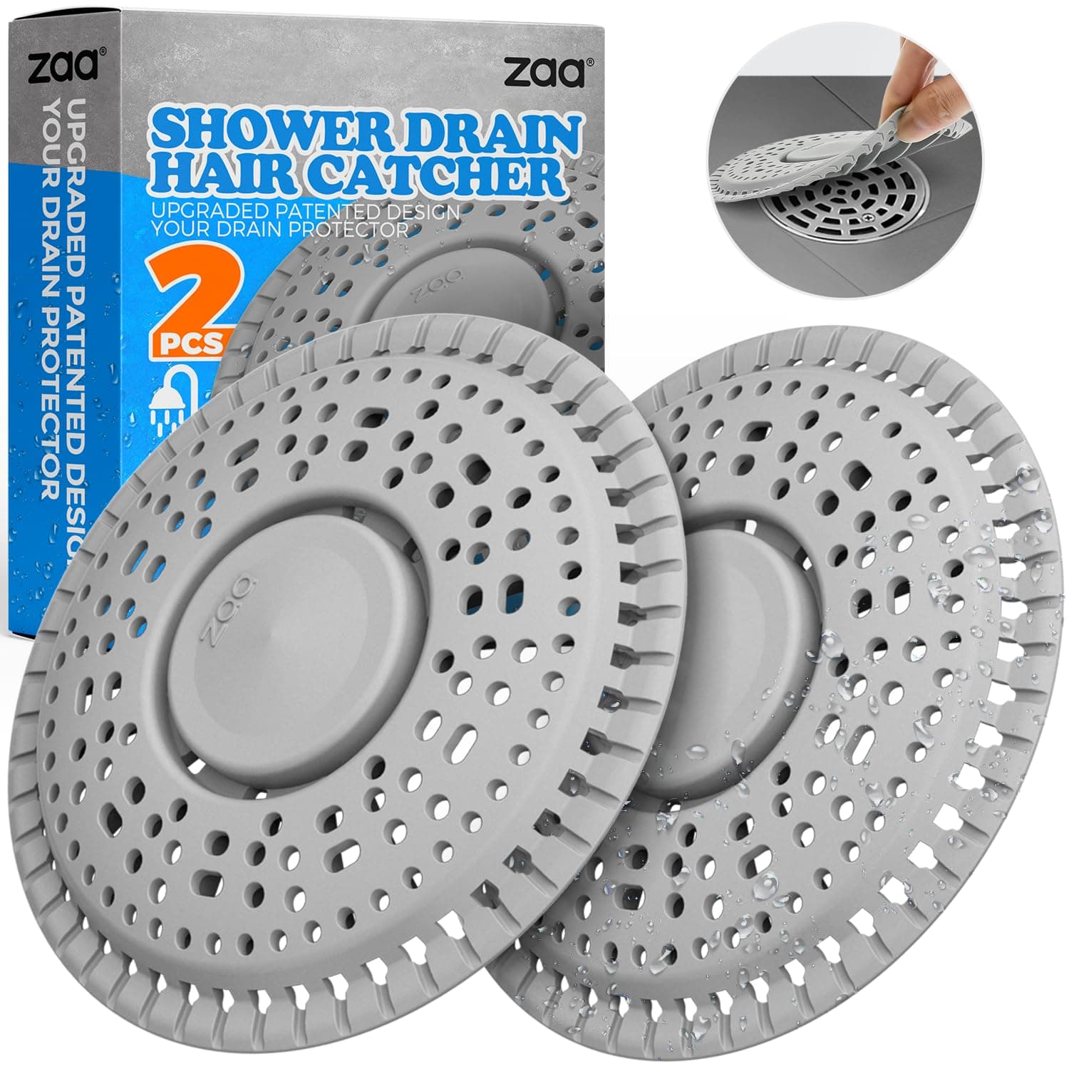 Shower Drain Hair Catcher, 2 Pack Premium Silicone Drain Protector & Shower Drain Cover, Shower Installation Kits for Flat Drains of Shower Room, Bathroom, Gray