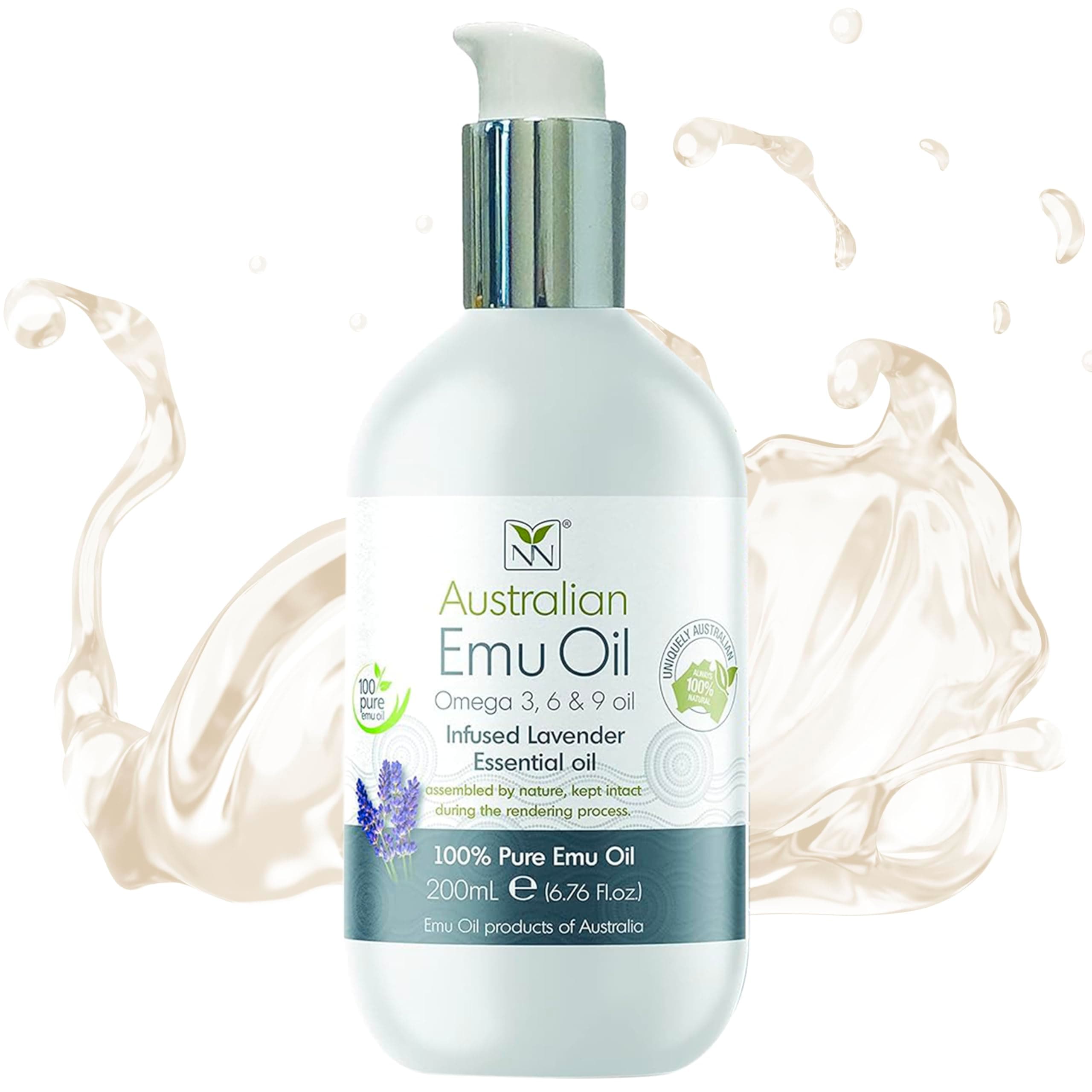 Pure Emu Oil - Organic Moisture for Face, Body, Hair, Scalp & Nails - Rich in Omega 3-6-9, Vitamins & Essential Minerals - Australian Emu Oil (200ml) 6.76 fl oz - Lavender