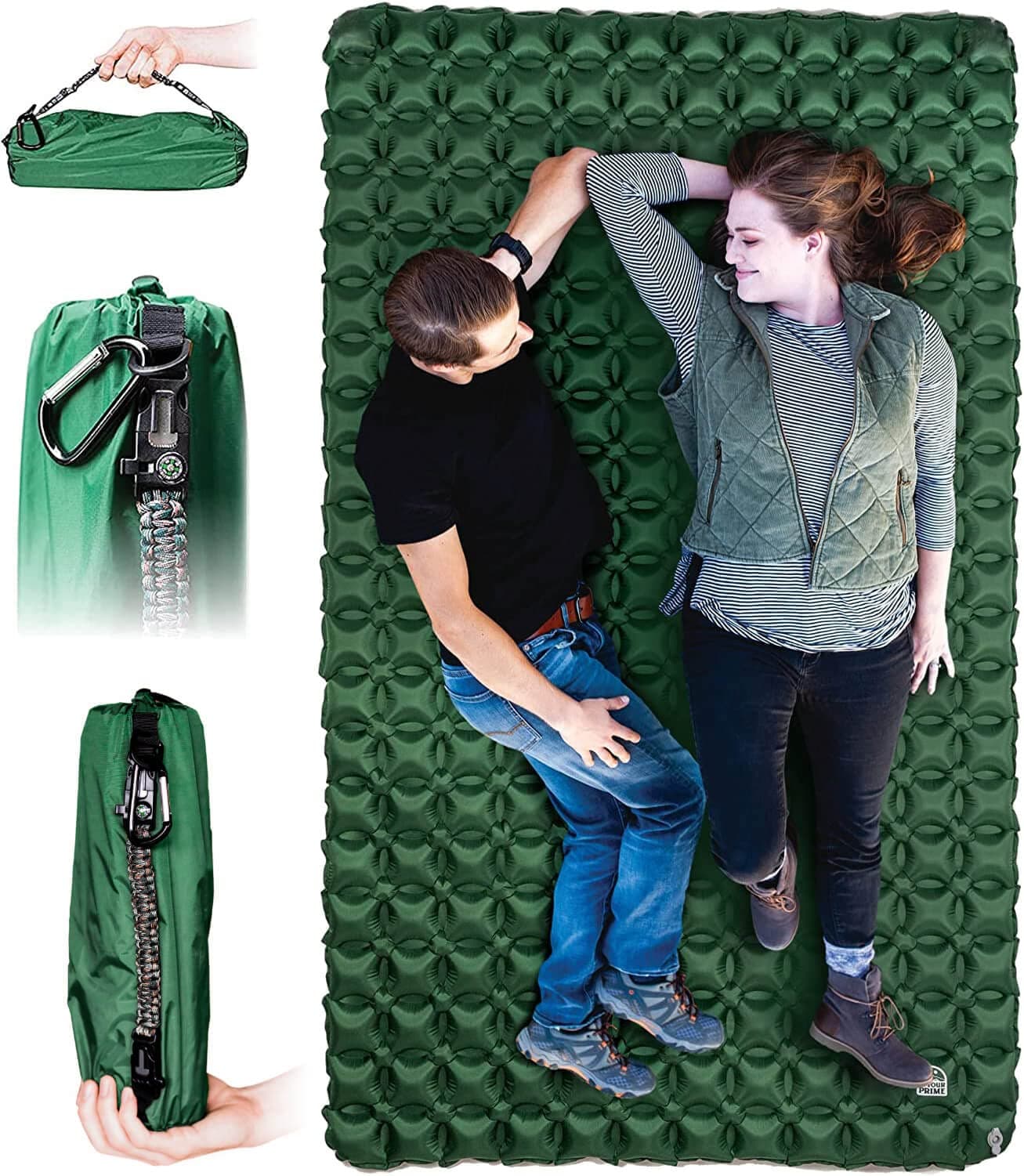 InYourPrime Ultralight Double Sleeping Pad - Made in USA w/Multi-use Pump, Paracord, Carabiner & Carry Bag - Quick Inflatable Wide 2 Person Mat pad for Camping Backpacking Hiking air Mattress