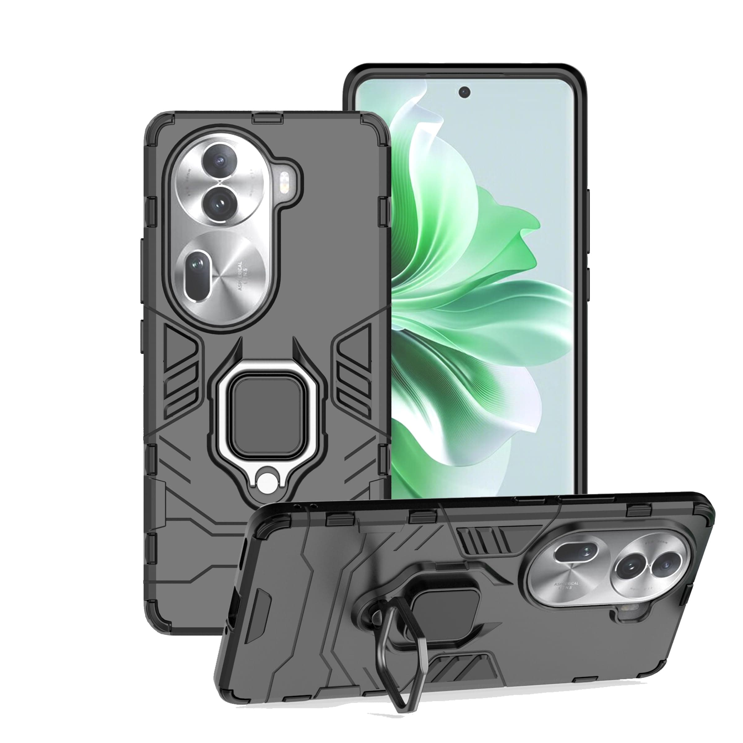 Phone Case for Oppo Reno 11 Pro 5G Case Heavy Duty Dual Layer Military Grade Shockproof Protective Cover with Magnetic Ring Kickstand - Black