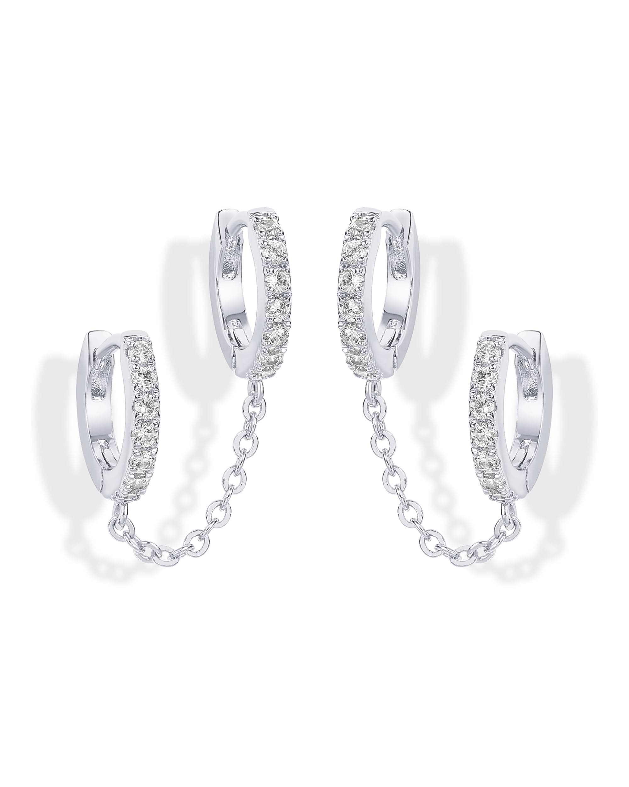 14K Gold Chain Earrings for Women | Double Piercing Dangle Chain Huggie Hoop Earrings | Cubic Zirconia Pearl Stud Ear Cuff Earrings for Women