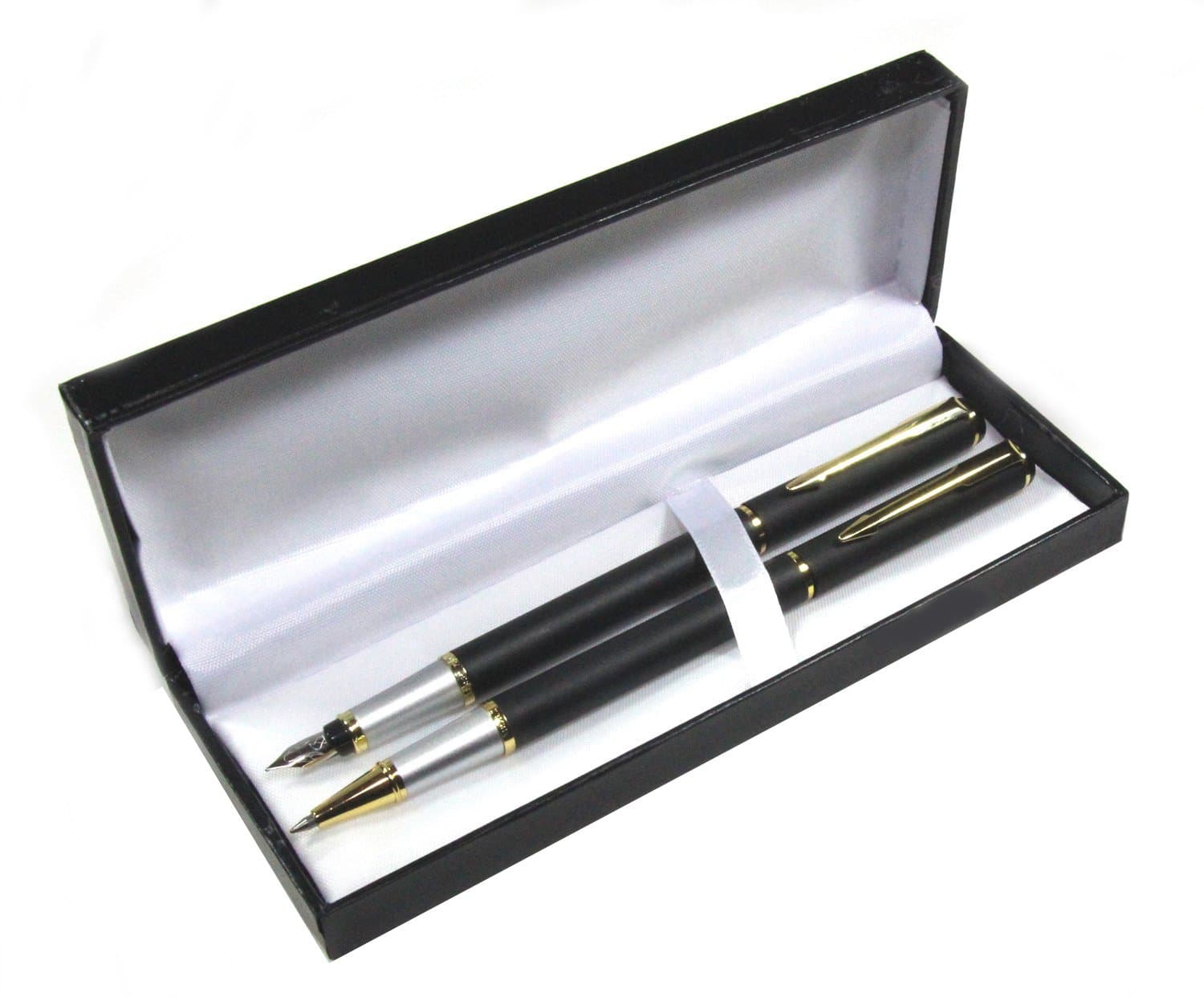 Gel Ink Rollerball Pen and Fountain Pen Set in Gift Box, Matte Black Body with Stainless Steel Nib and Gold Trim, Contemporary Elegant Design