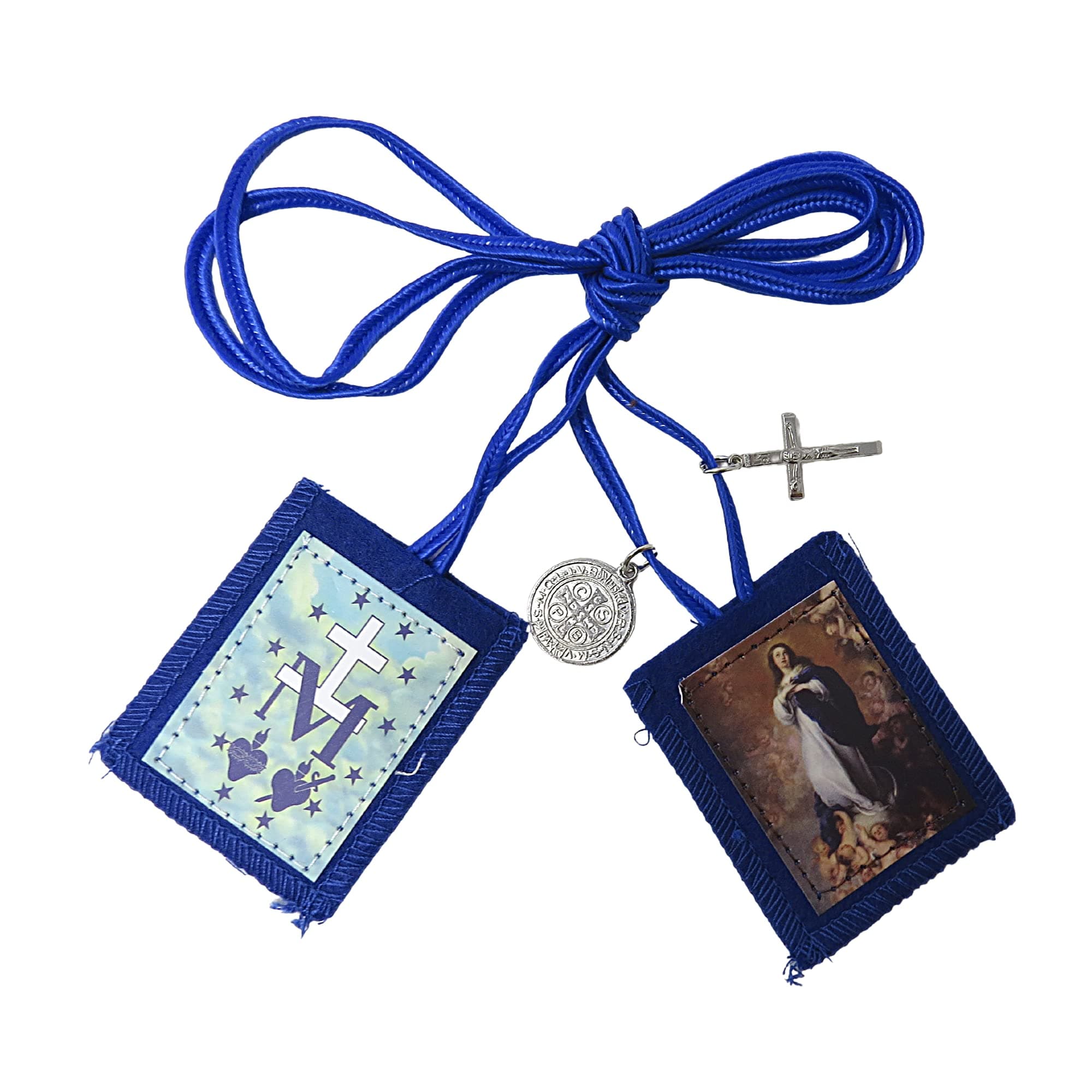 Needzo Blue Catholic Scapular Full Color Immaculate Conception Scapulars with Silver Tone Saint Benedict Medal and Crucifix Dangle, 24.5 Inches