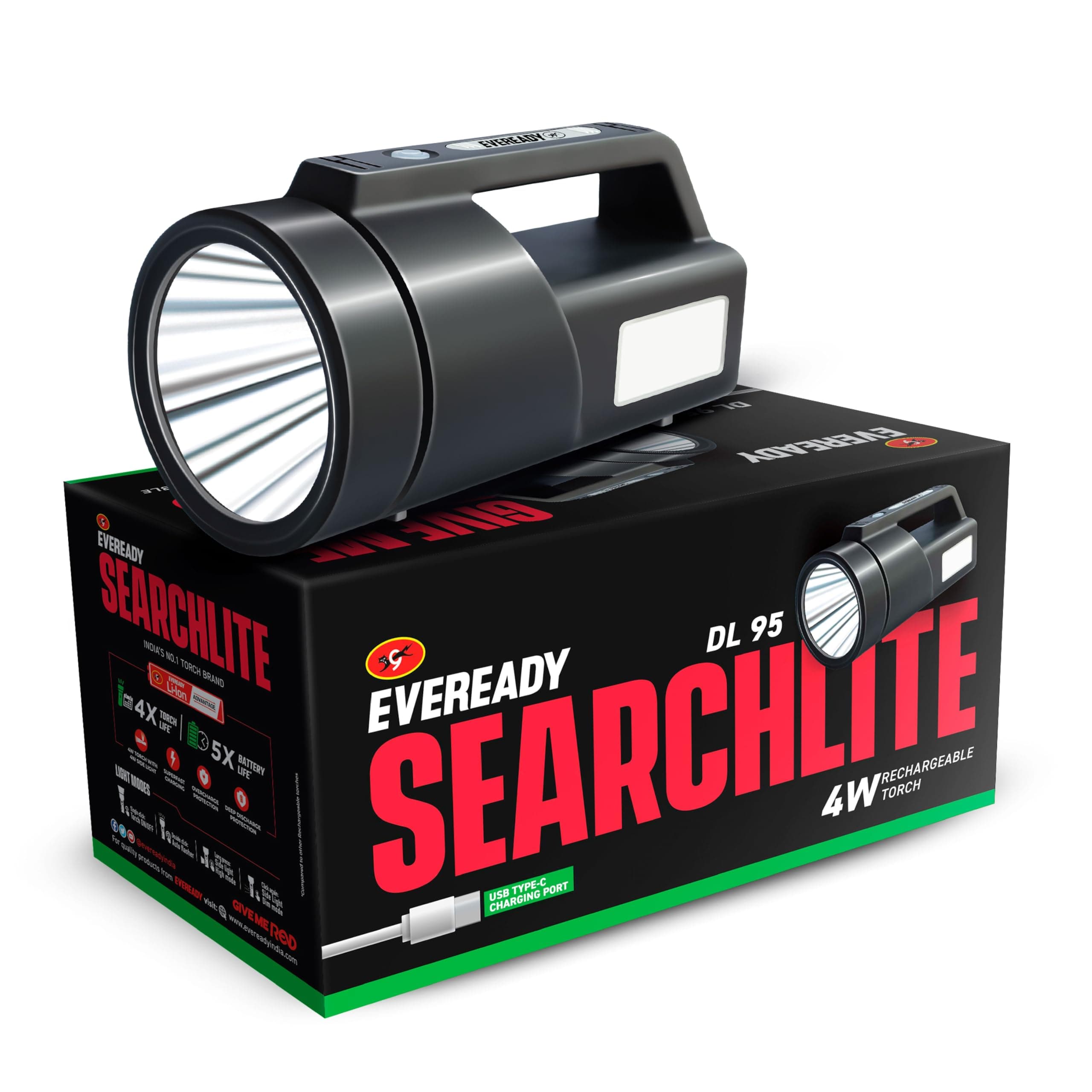 EVEREADY SEARCHLITE DL95, Kissan Torch, Rechargeable 4W Torch Cum 4W Emergency Sidelight, Type-C USB Fast Charging, Glow-in-THE-Dark Strip, Overcharge & Deep Discharge Protection