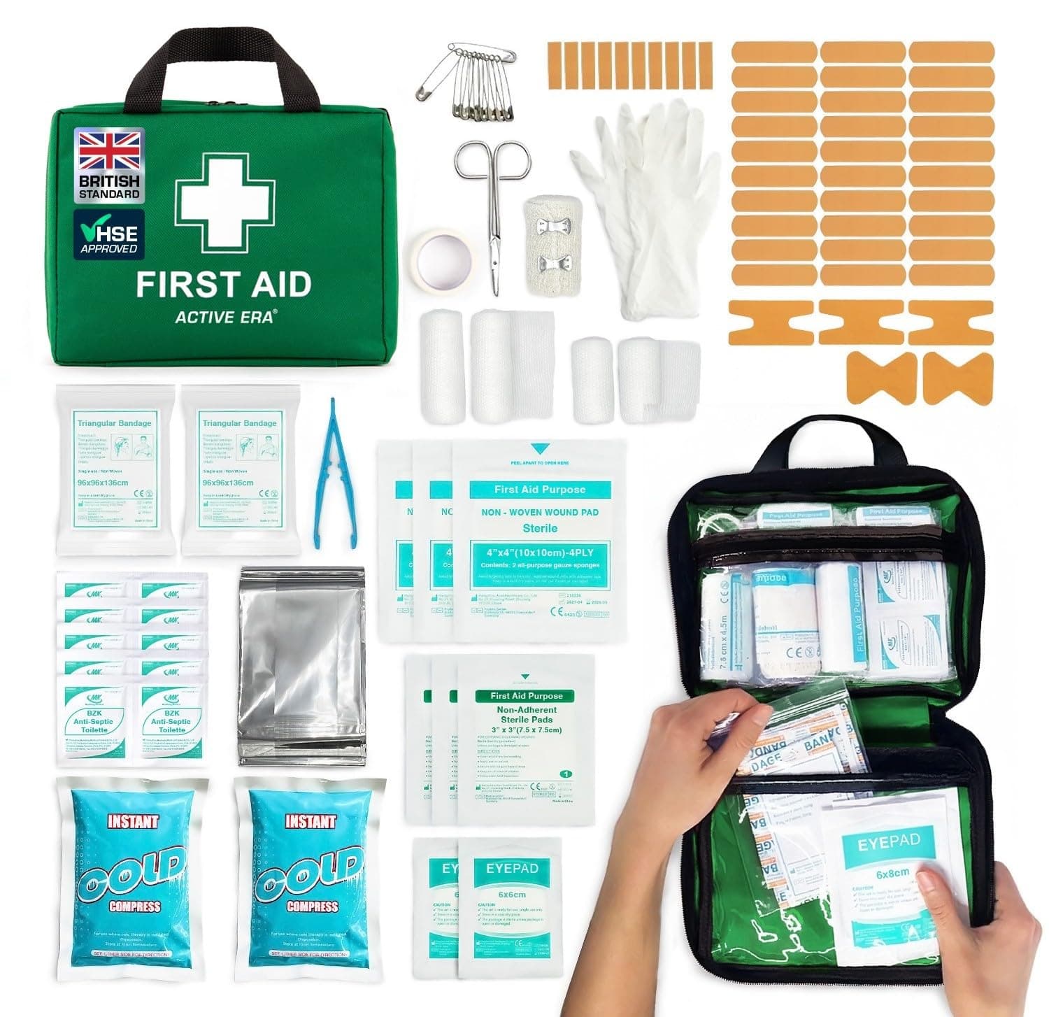Mini First Aid Kit Bag - 90 Items - Includes Plasters, Eyewash, Gloves, 2 x Cold (Ice) Packs and Emergency Blanket for Kids, Camping, Office, Car, Caravan, Workplace, Travel Home